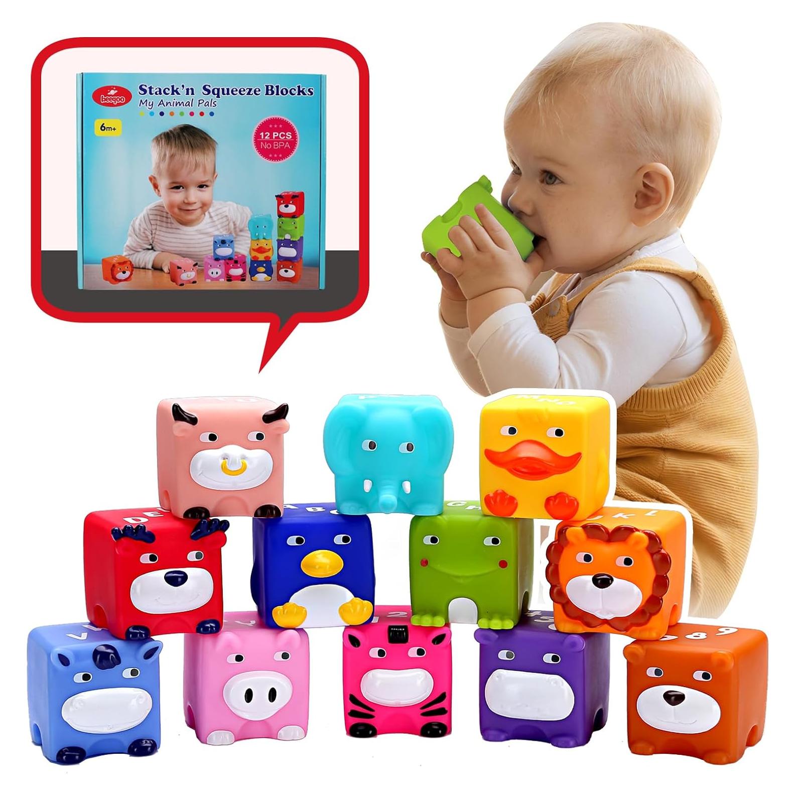 Bloques Suaves Apilables Beeqoo - 12 Cubos de Animales