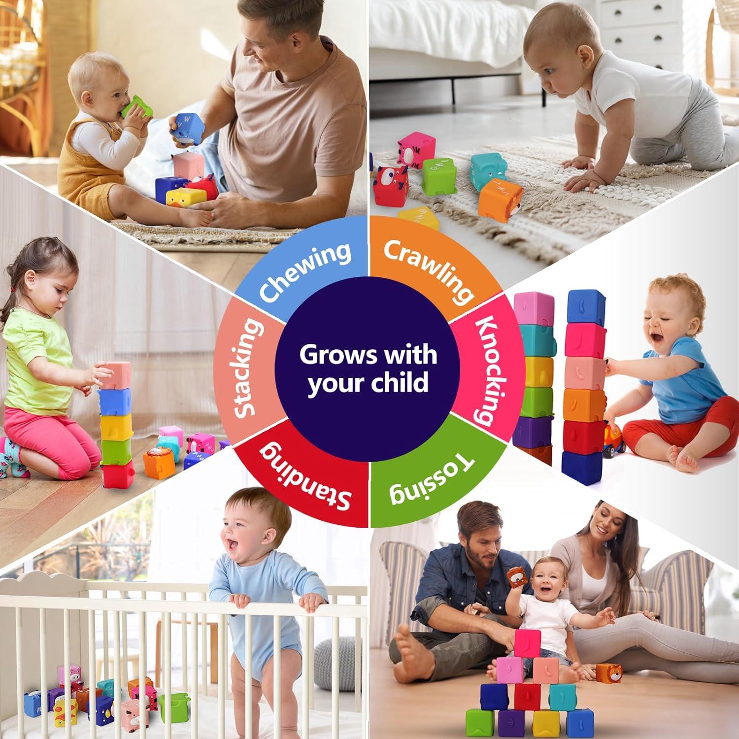 Bloques Suaves Apilables Beeqoo - 12 Cubos de Animales