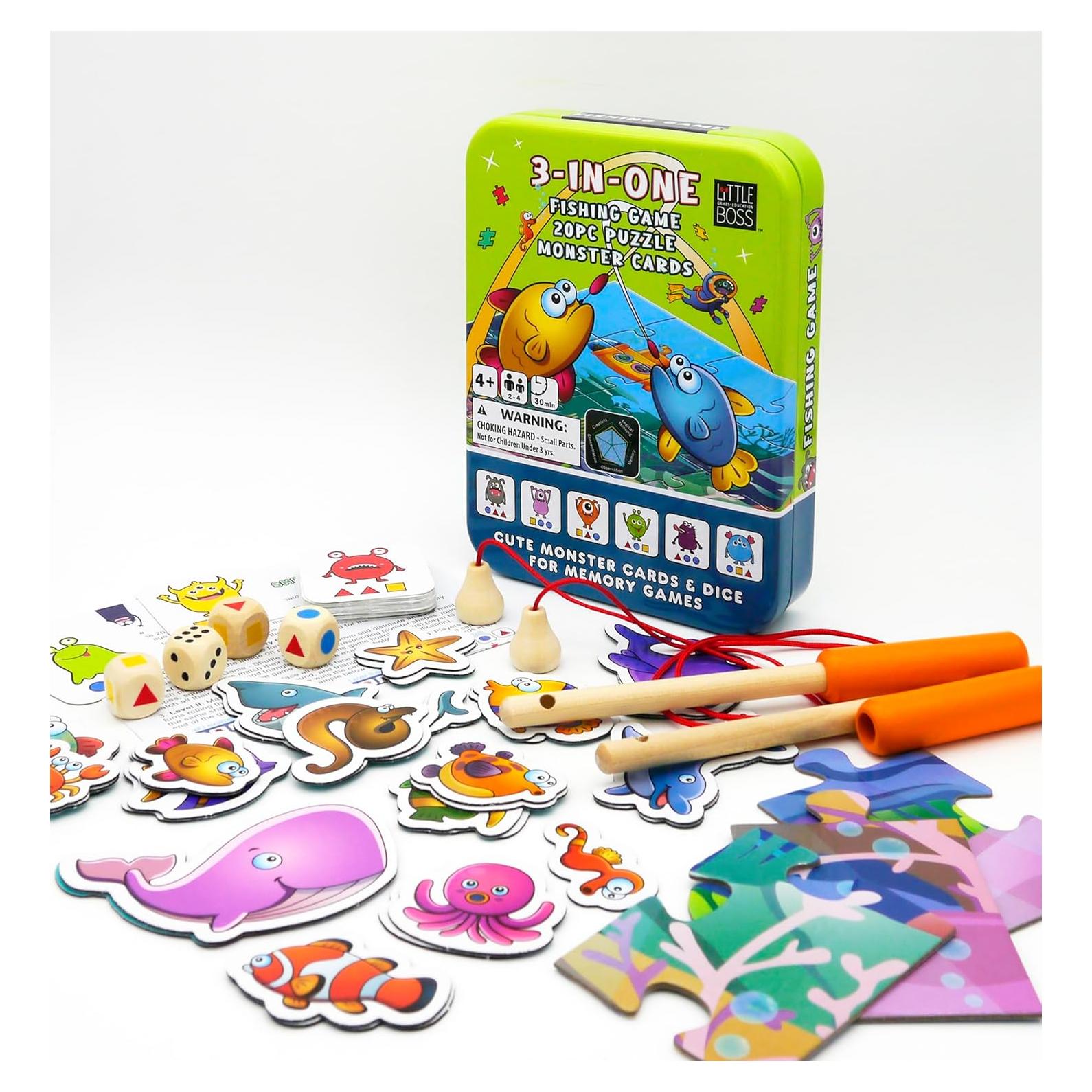 Juego Familiar 3-en-1 Little Boss Games: Pesca, Rompecabezas y Memoria