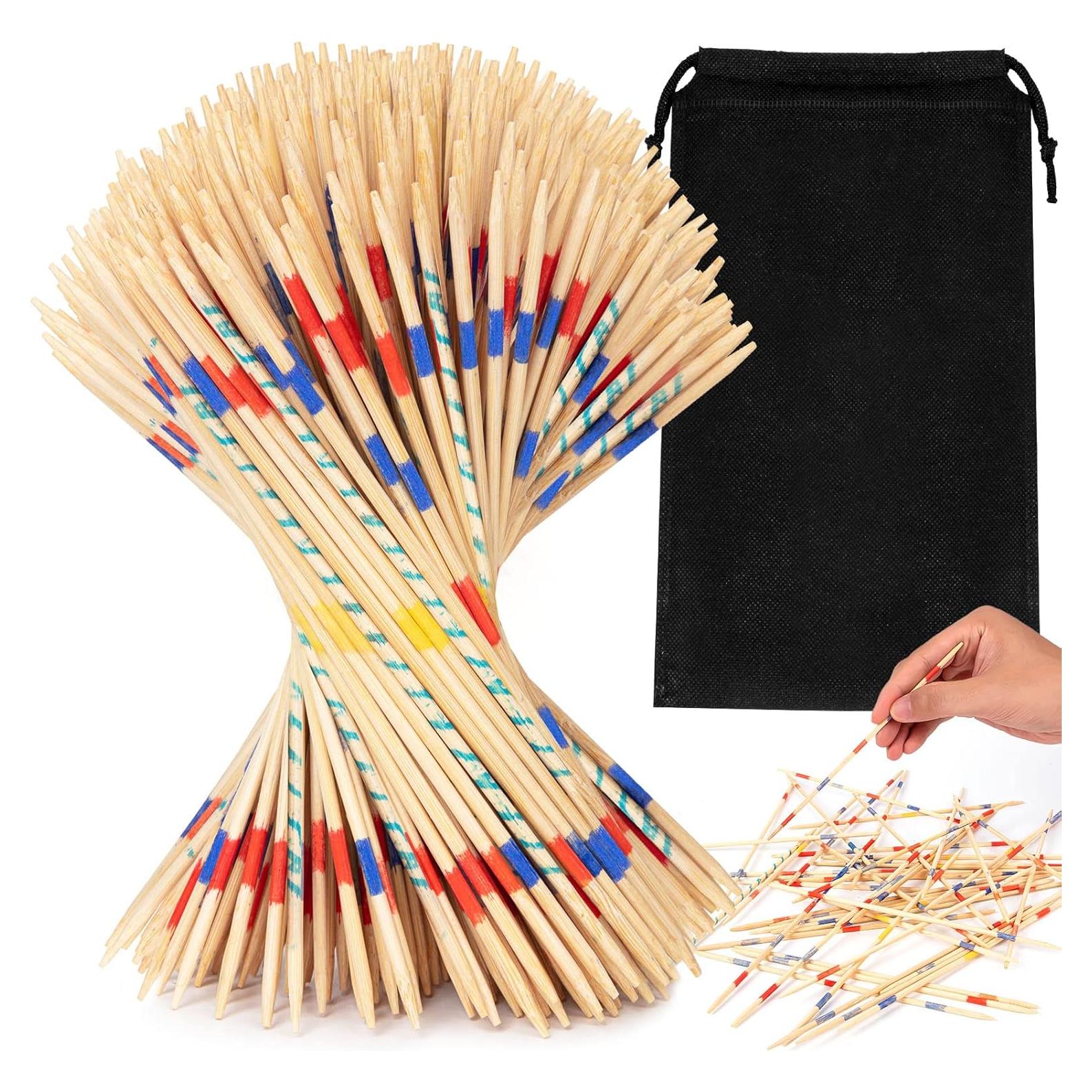 CLESDF Pick Up Sticks for Kids, 290pcs Classic Wooden Pickup Sticks Game Toys with 1 Black Bag for Family Fun Game Gift