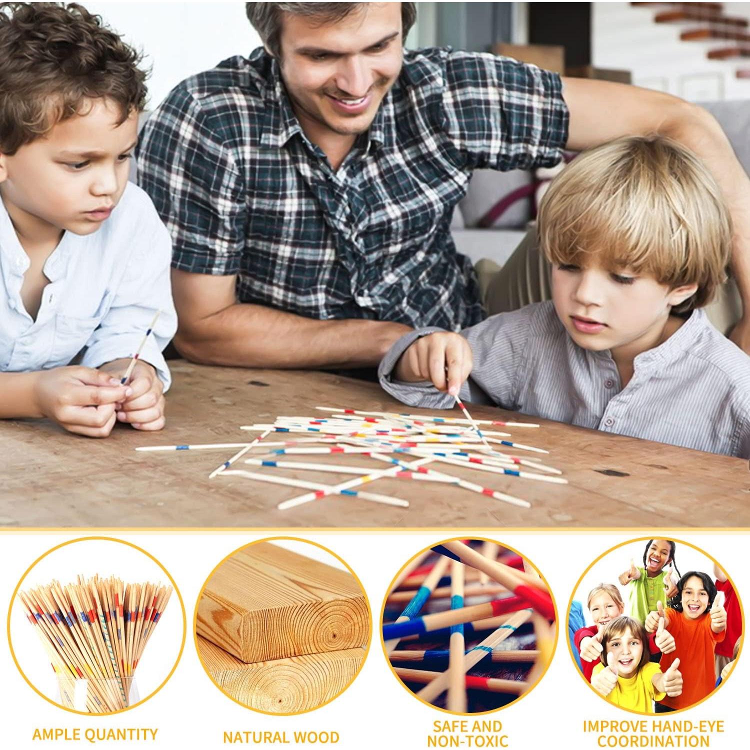 CLESDF Pick Up Sticks for Kids, 290pcs Classic Wooden Pickup Sticks Game Toys with 1 Black Bag for Family Fun Game Gift