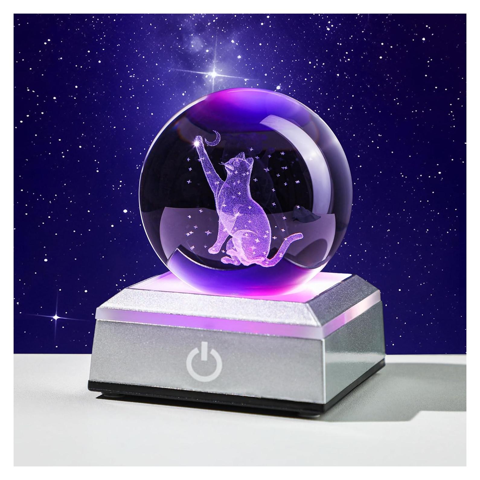 Bola de Cristal 3D Gato YU FENG con Base LED Colorida 5,08 cm