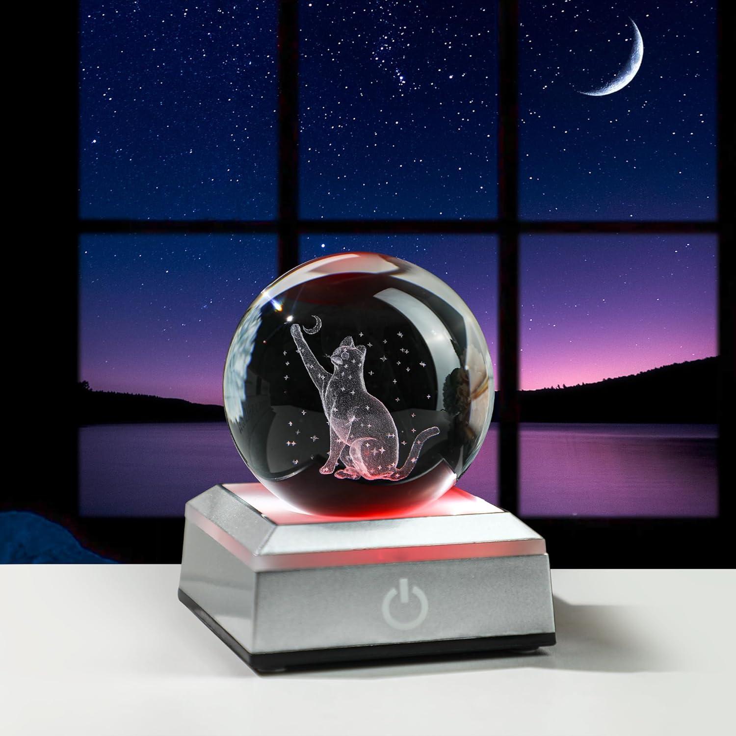 Bola de Cristal 3D Gato YU FENG con Base LED Colorida 5,08 cm