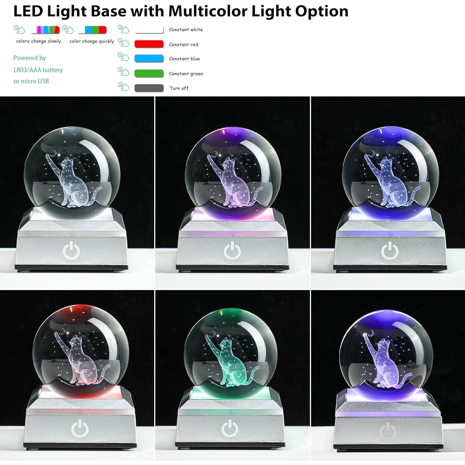 Bola de Cristal 3D Gato YU FENG con Base LED Colorida 6 cm