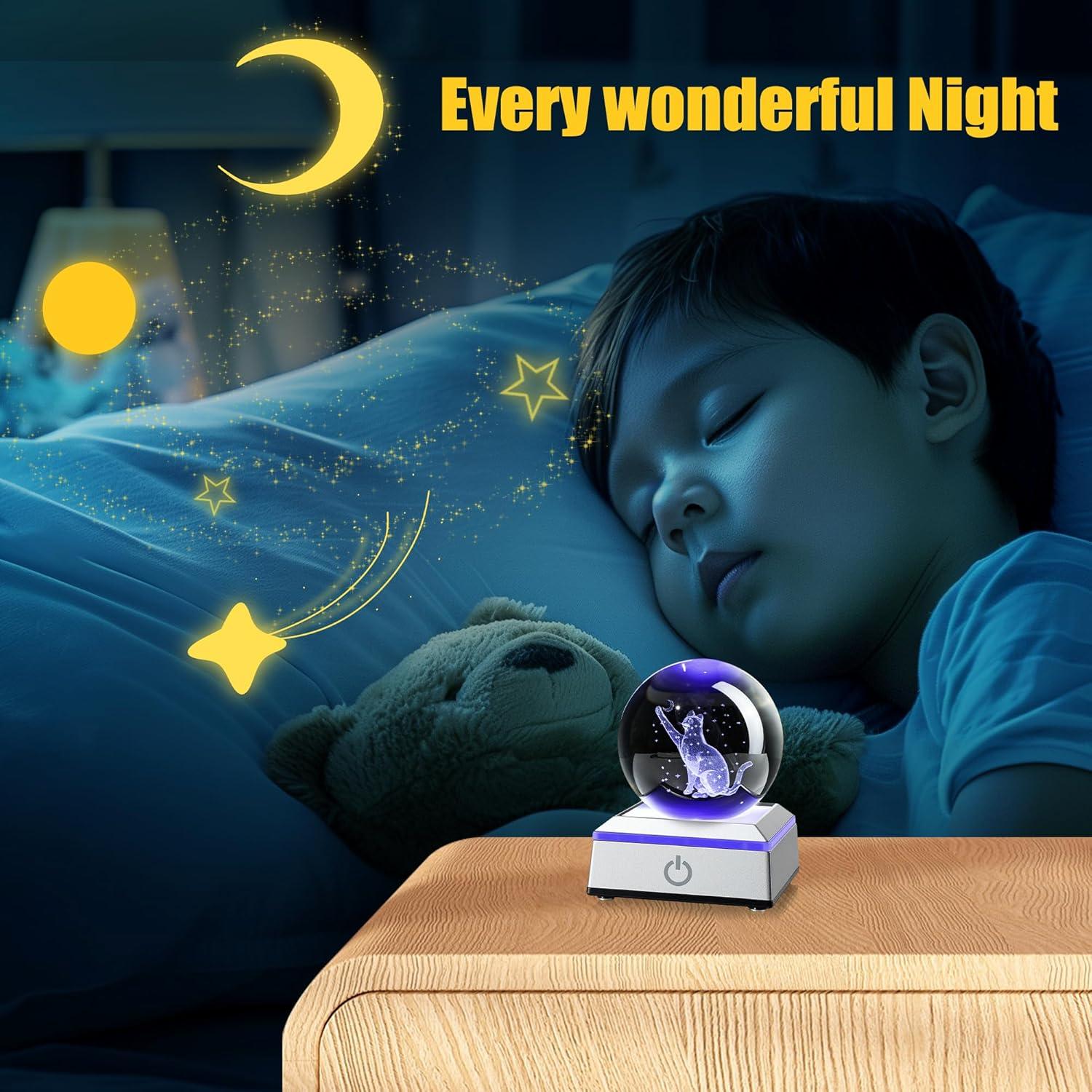 Bola de Cristal 3D Gato YU FENG con Base LED Colorida 6 cm