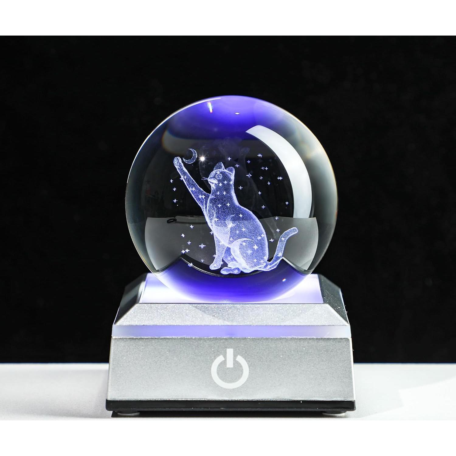 Bola de Cristal 3D Gato YU FENG con Base LED Colorida 6 cm