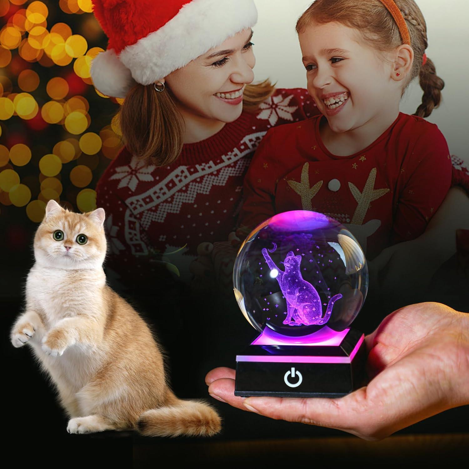 Bola de Cristal 3D Gato YU FENG 8 cm con Luz Colorida