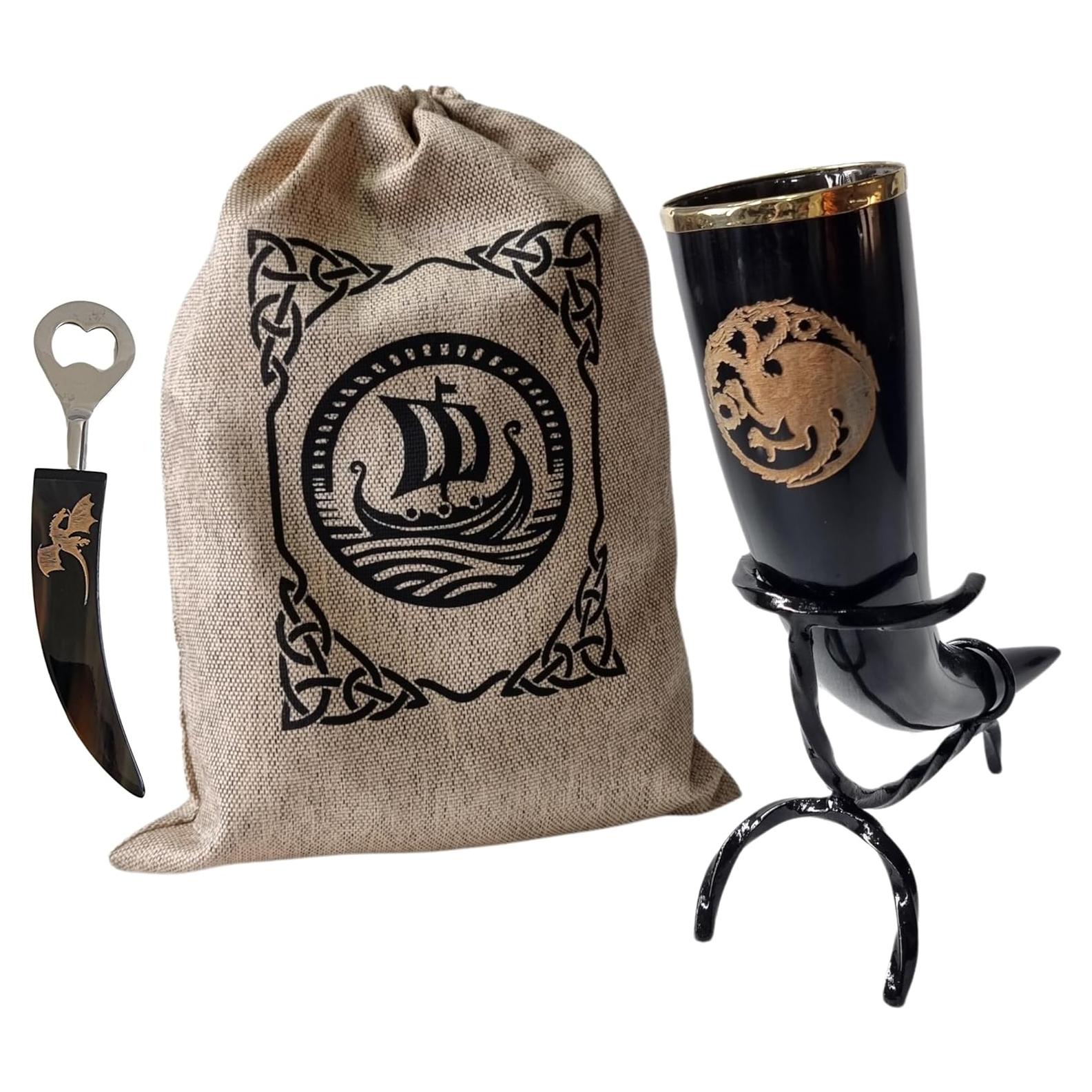 Cuerno de cerveza vikingo Maako con soporte y abridor 355ml