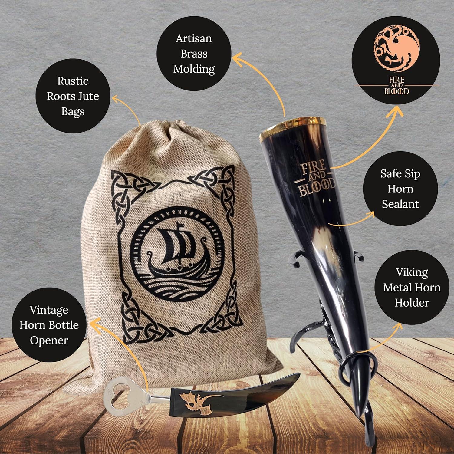 Cuerno de cerveza vikingo Maako con soporte y abridor 355ml