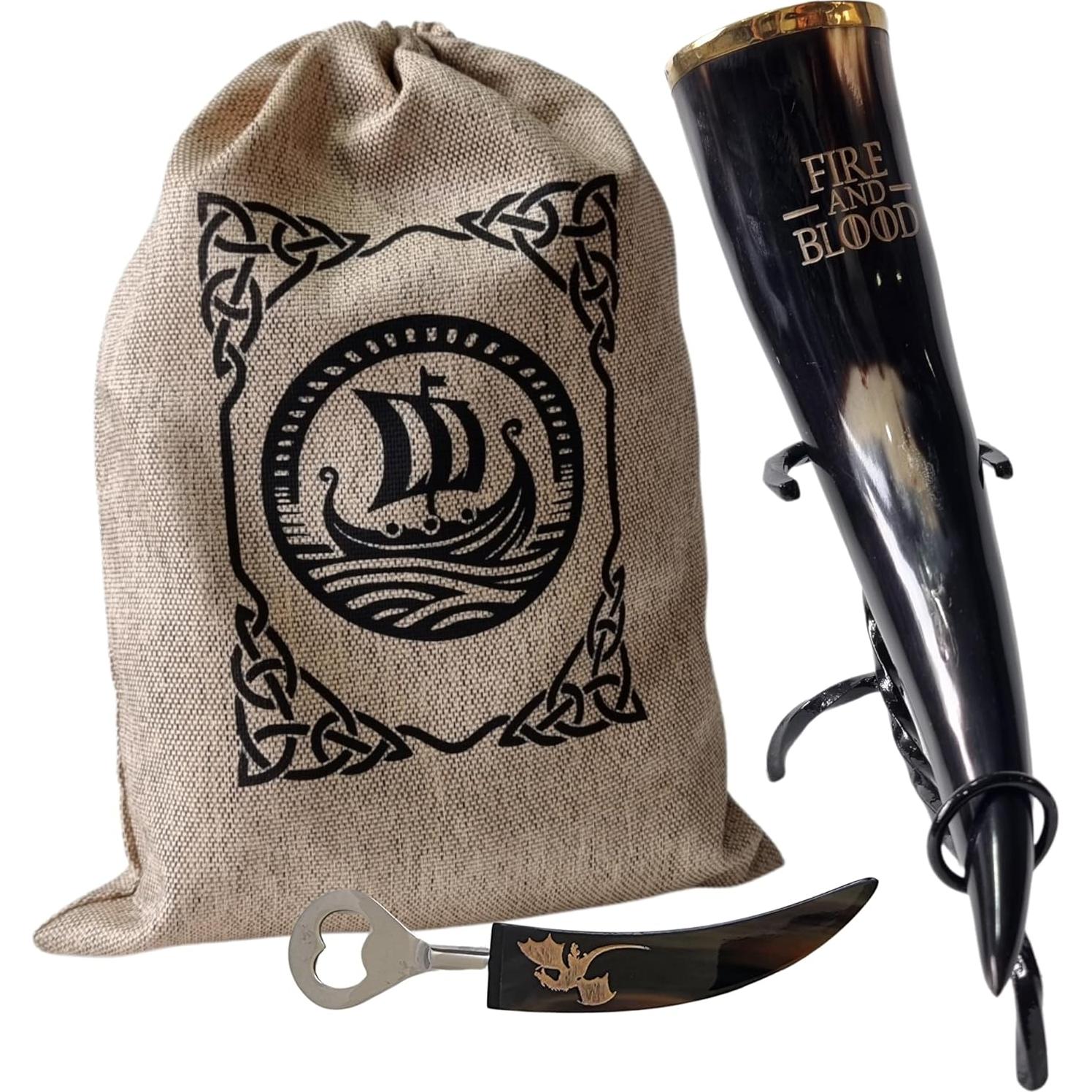 Cuerno de cerveza vikingo Maako con soporte y abridor 355ml