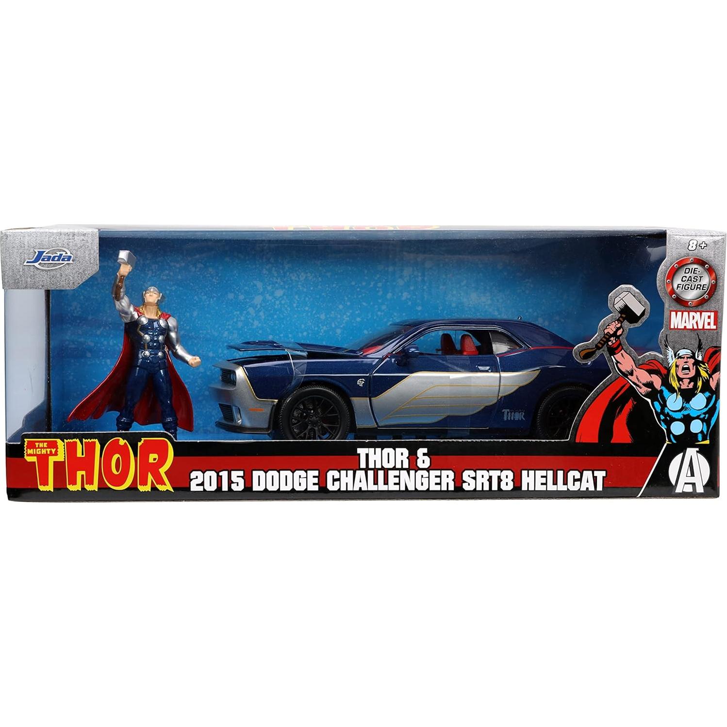 Coche de metal fundido Jada Toys Dodge Challenger SRT Hellcat 2015 con figura de Thor