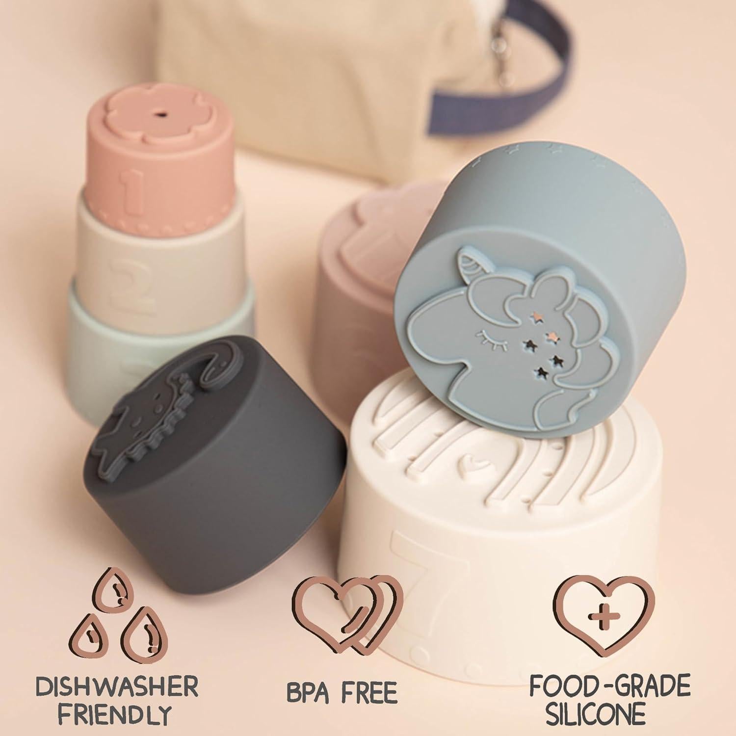 Juguete de Tazas Apilables Moonkie de Silicona para Bebés 7 Piezas