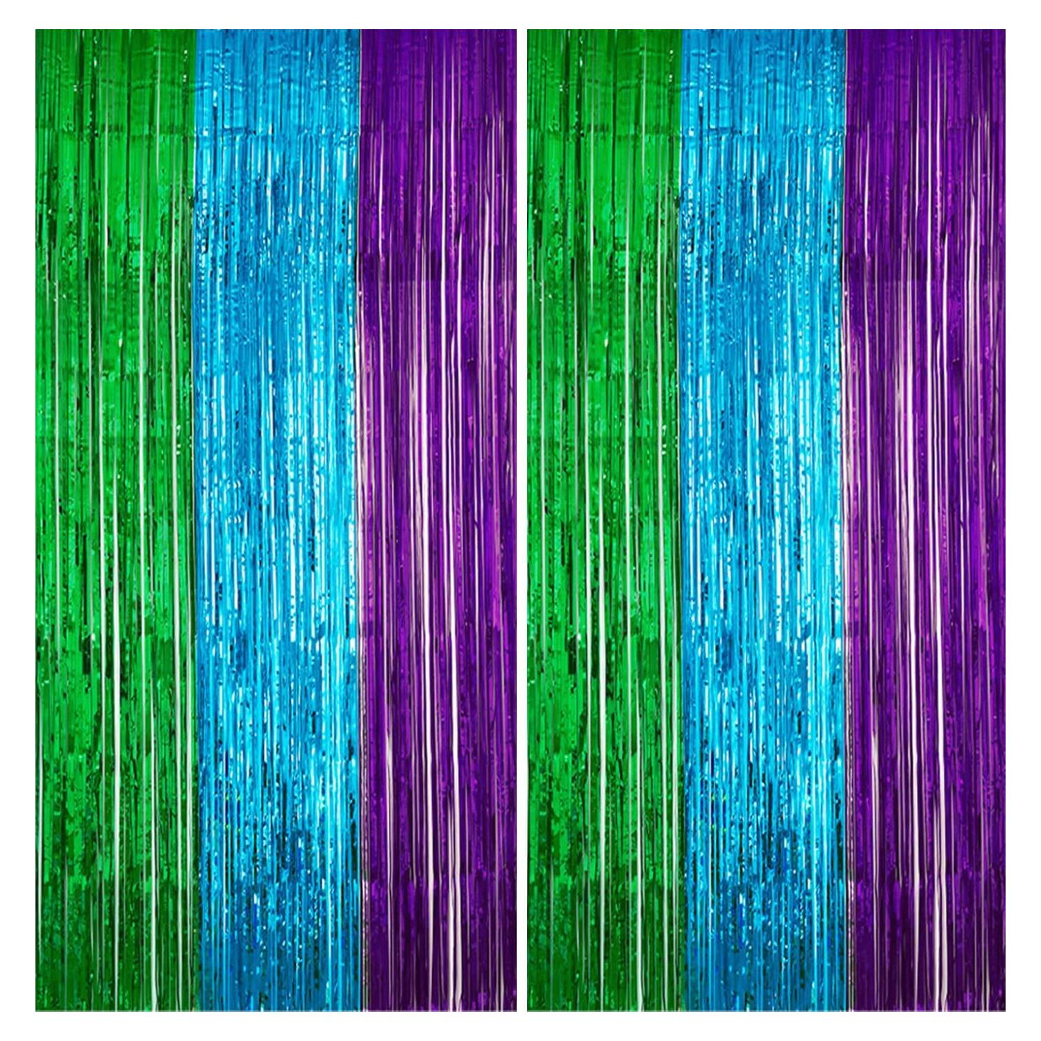 Paquete de 2 Cortinas de Borlas Metalizadas 200x300cm Verde Azul Púrpura