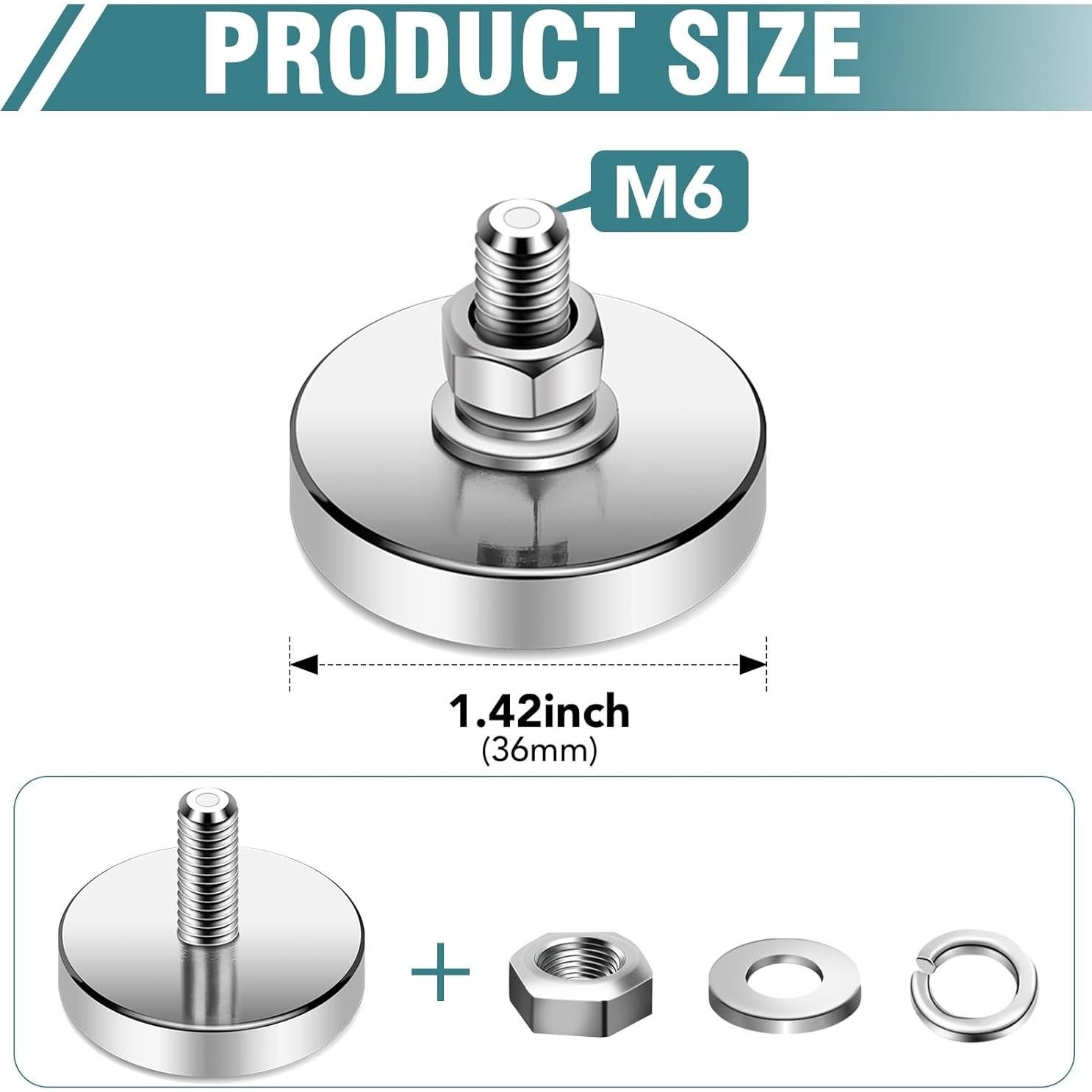 Imán Redondo Neodimio 36mm 68kg con Tornillos y Tuercas - 4 Pzs
