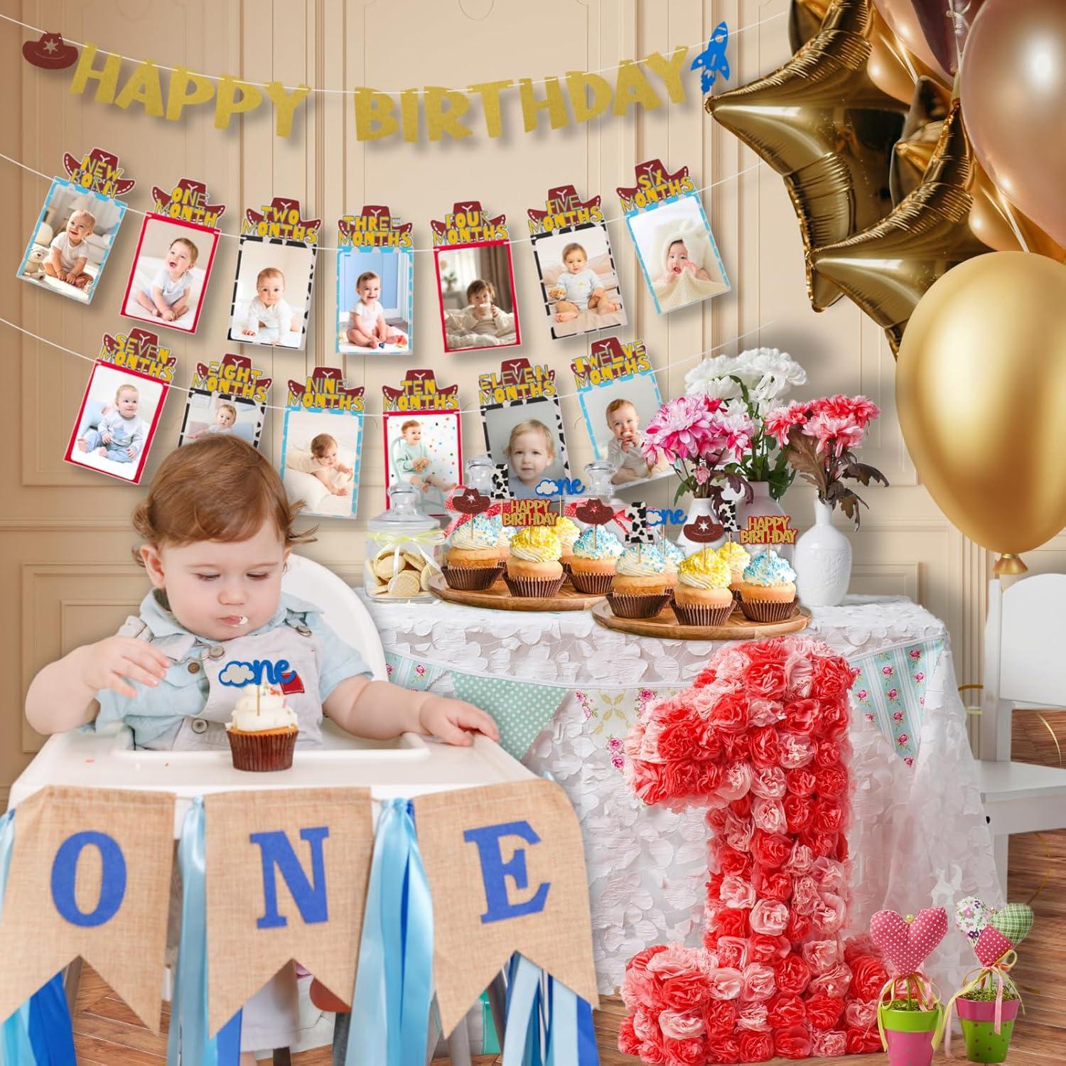 Banner de Foto de Primer Cumpleaños RANERVZ con 54pcs Decoraciones