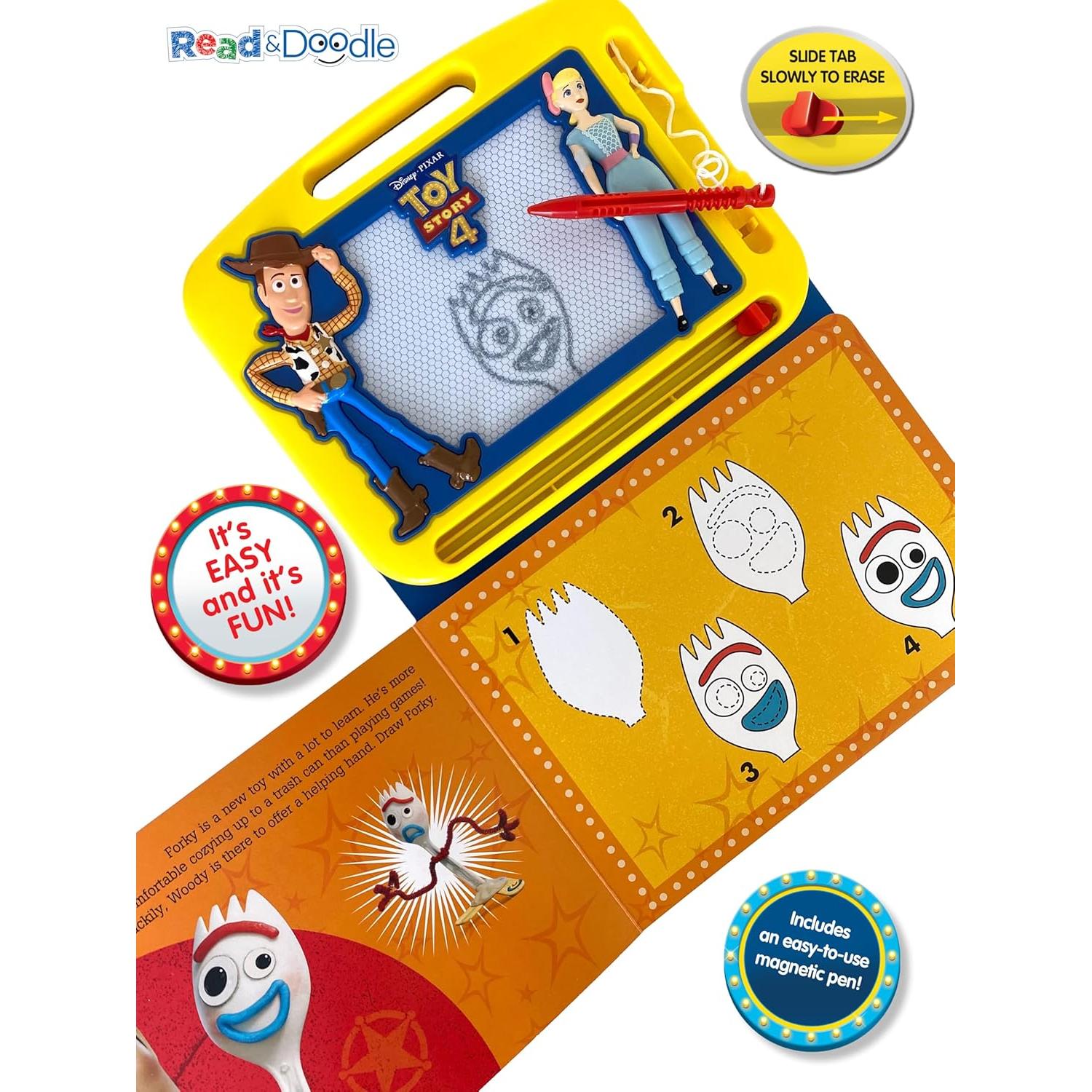 Disney / Pixar Toy Story 4 Read & Doodle - Learning resources for kids, a magnetic drawing pad, an easy-to-use pen, 22-page board book for reading and drawing