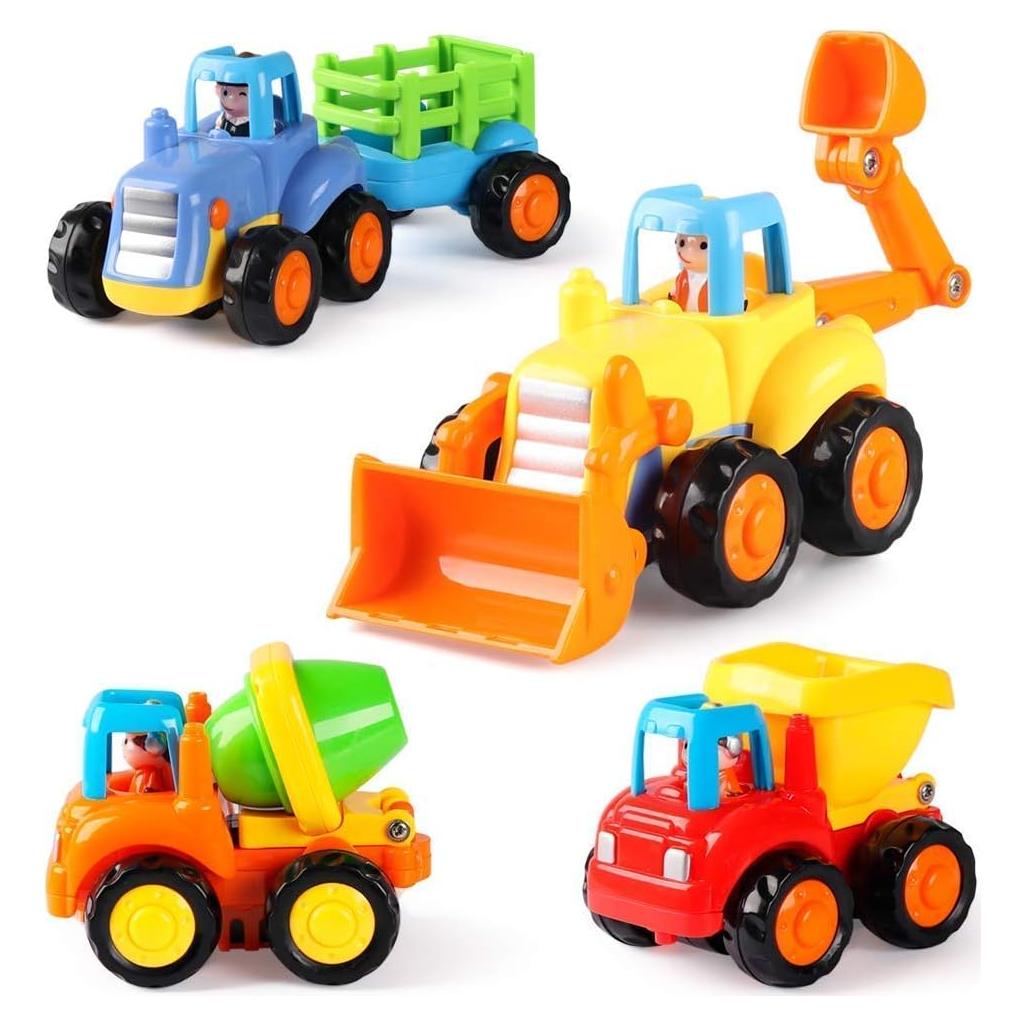 Coogam 4 Coches de Juguete de Construcción a Fricción - Bulldozer, Tractor, Camión Mezclador, Volquete
