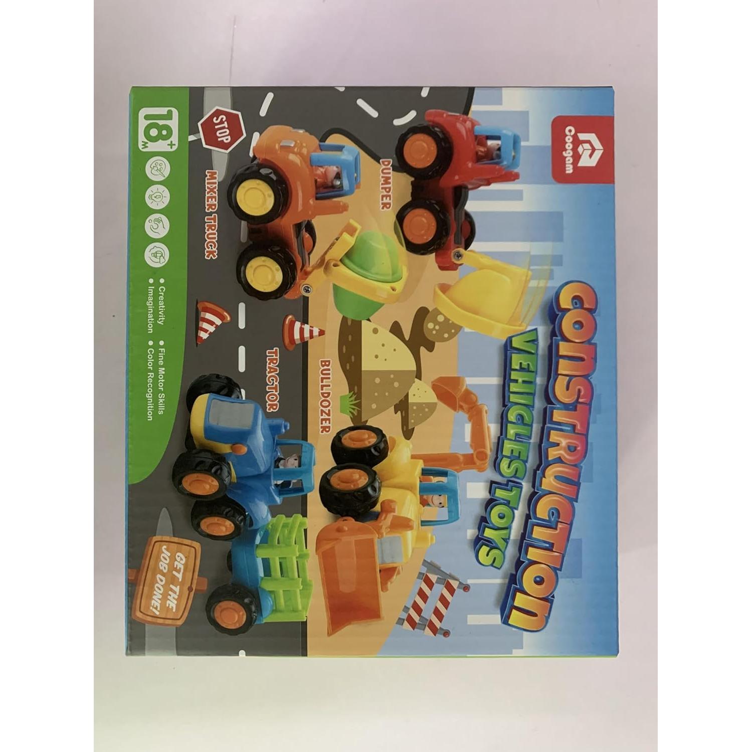 Coogam 4 Coches de Juguete de Construcción a Fricción - Bulldozer, Tractor, Camión Mezclador, Volquete