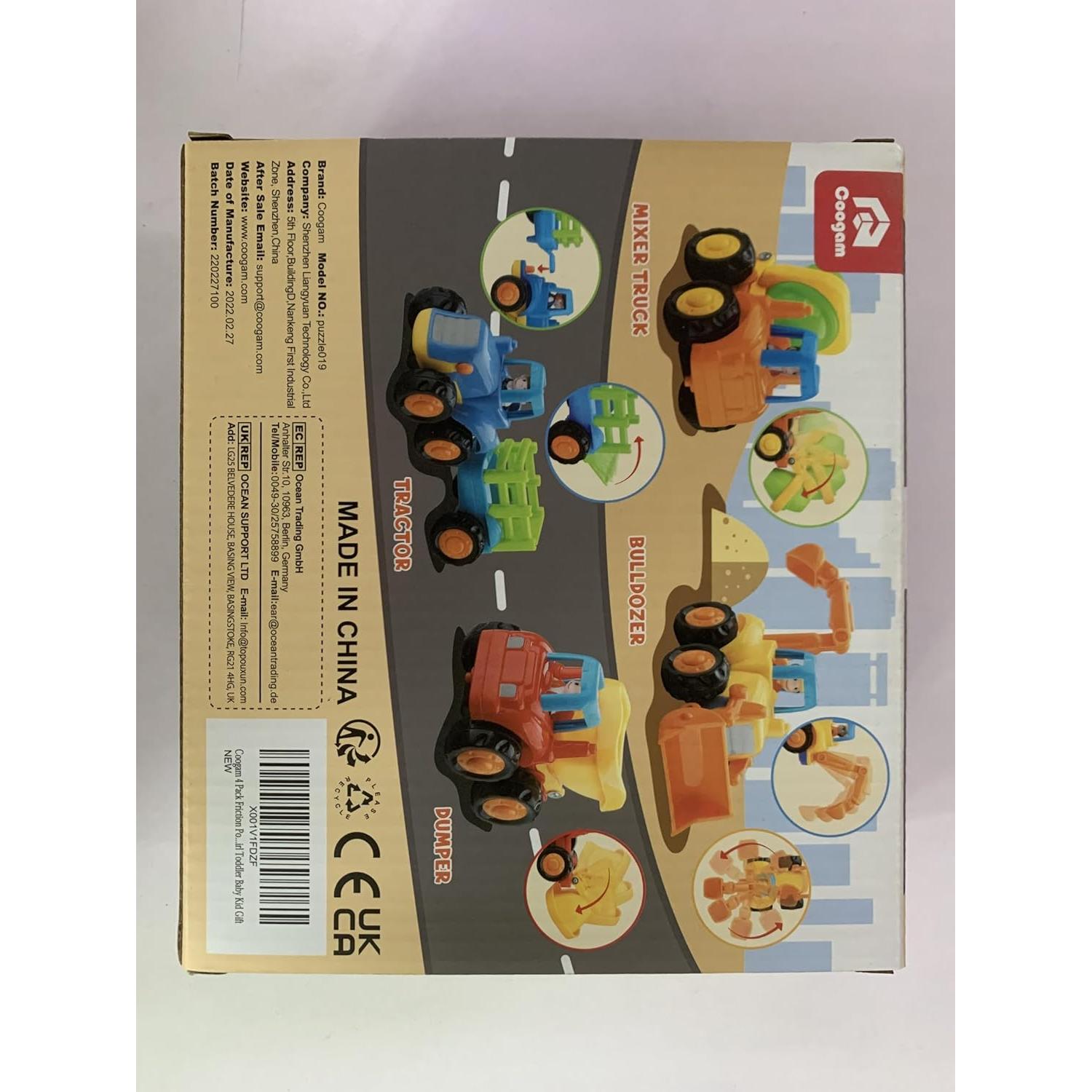 Coogam 4 Coches de Juguete de Construcción a Fricción - Bulldozer, Tractor, Camión Mezclador, Volquete