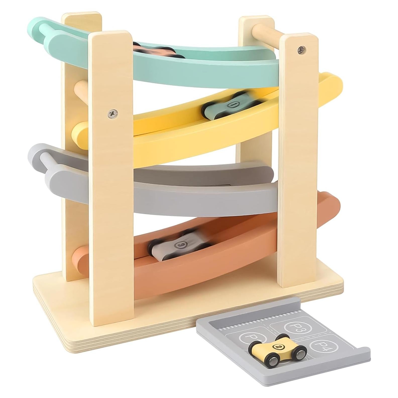 Juguete de Rampa de Coche de Madera Joyreal 4 Niveles 4 Coches