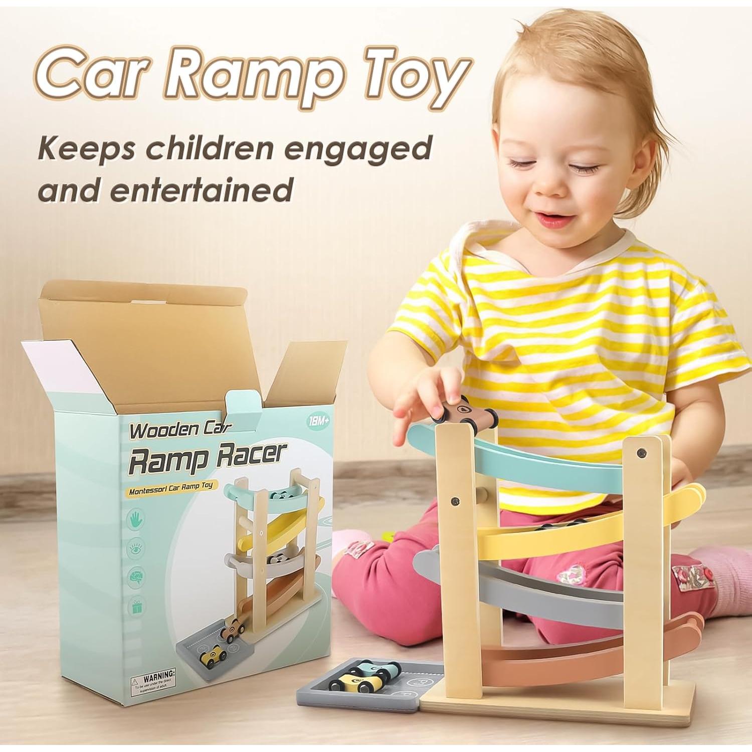 Juguete de Rampa de Coche de Madera Joyreal 4 Niveles 4 Coches