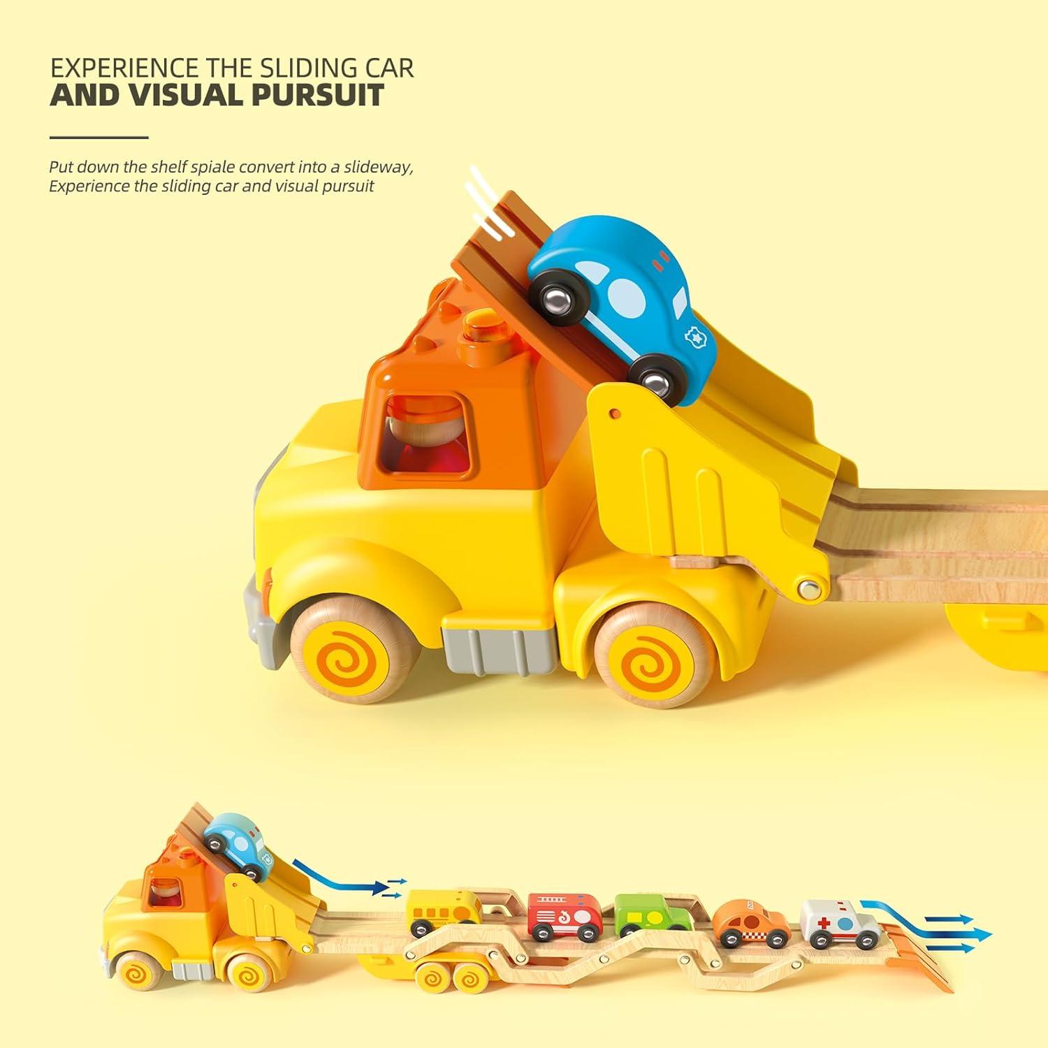 Camión Transportador de Autos Wanborns con 6 Vehículos de Madera