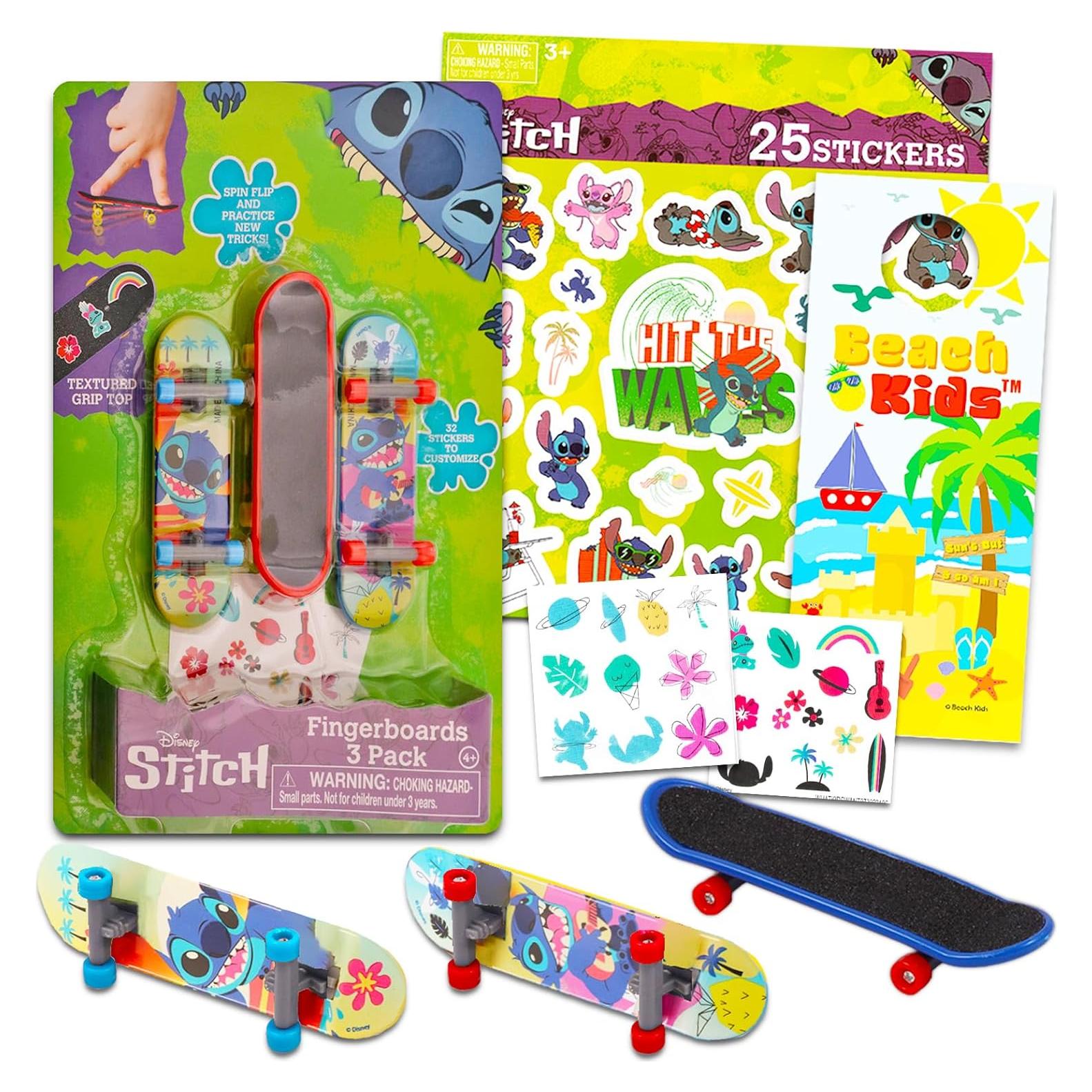 Stitch Fingerboard Toy Set ~ 3 Pc Bundle with Stitch Finger Skateboard for Kids, Lilo and Stitch Stickers, and a Beach Kids Door Hanger | Stitch Party Favors