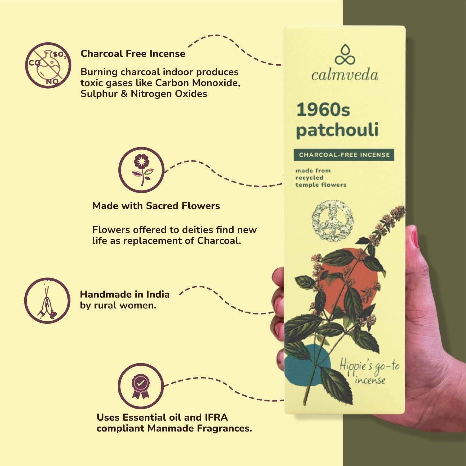 Incienso Patchouli Calmveda - 80 Varitas Orgánicas Sin Carbón