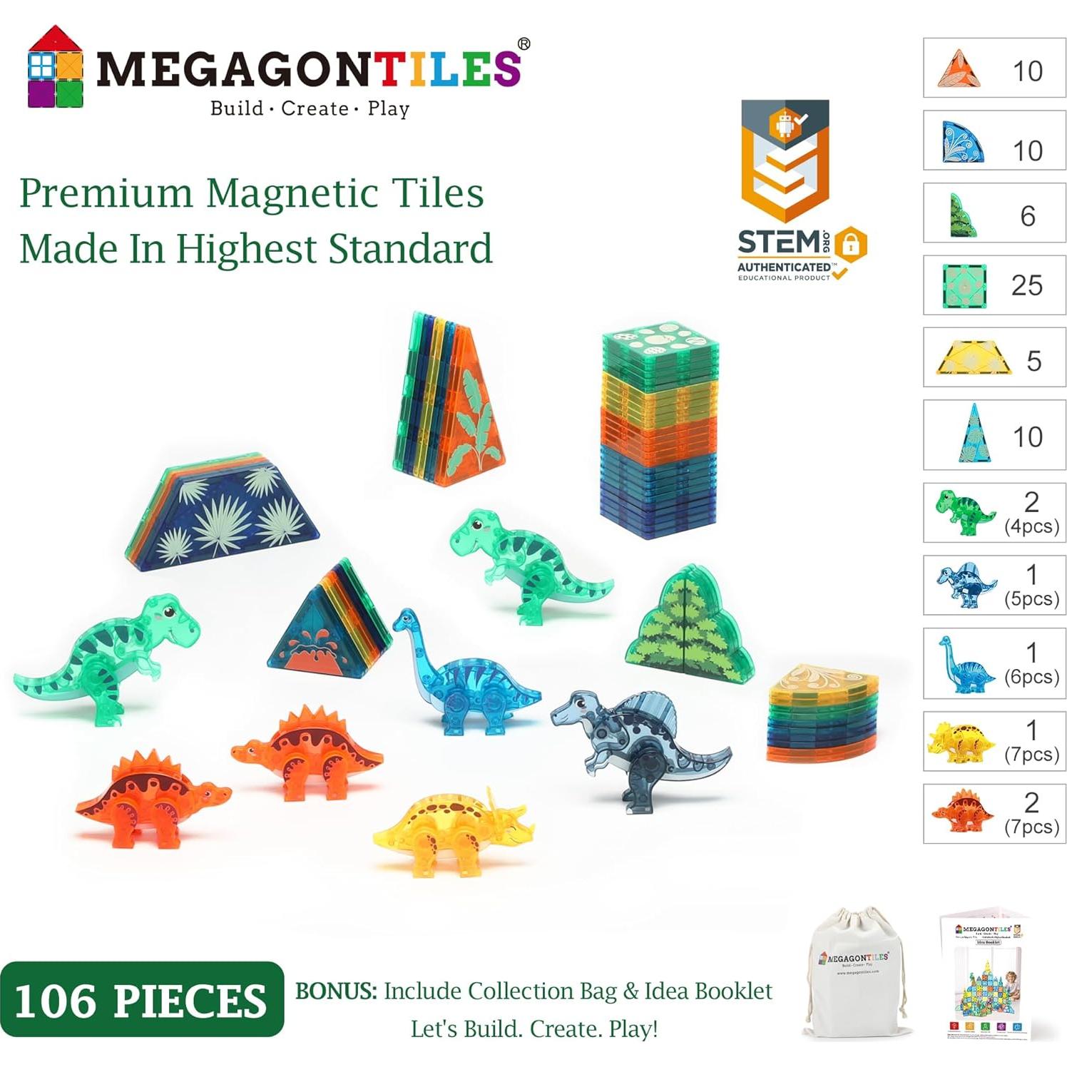 Juego de 106 Piezas Azulejos Magnéticos Dino MEGAGONTILES