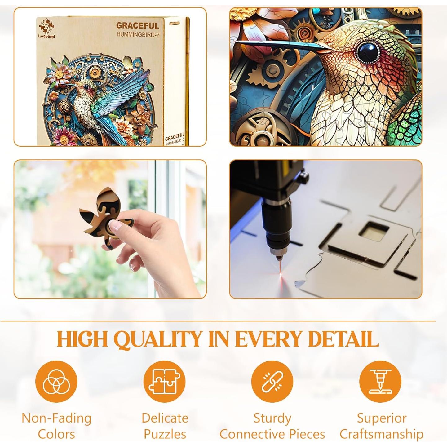 Rompecabezas de Madera Lovpippi Colibrí Elegante 200 Piezas 29x28cm