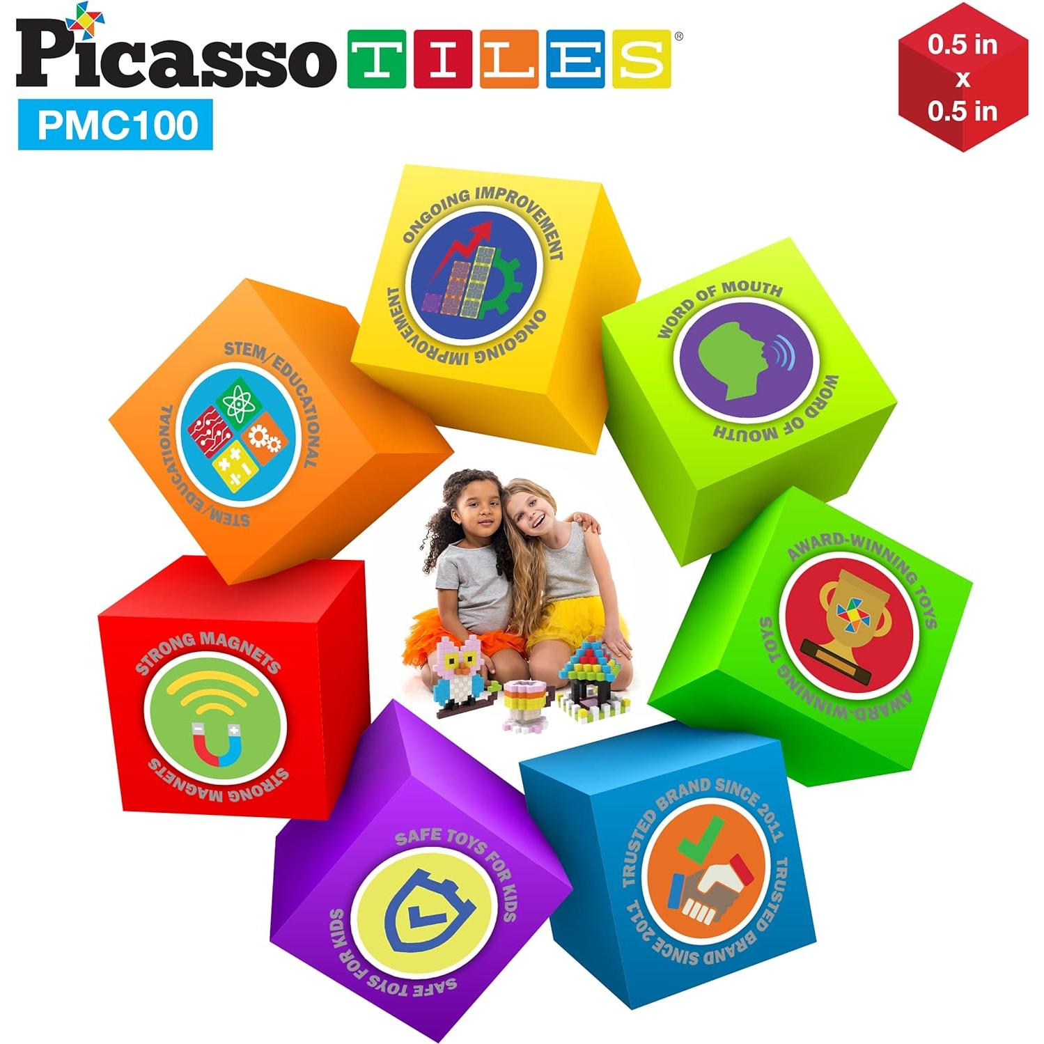 PicassoTiles 100 Piezas Cubos Magnéticos 1.27 cm Juguete Educativo