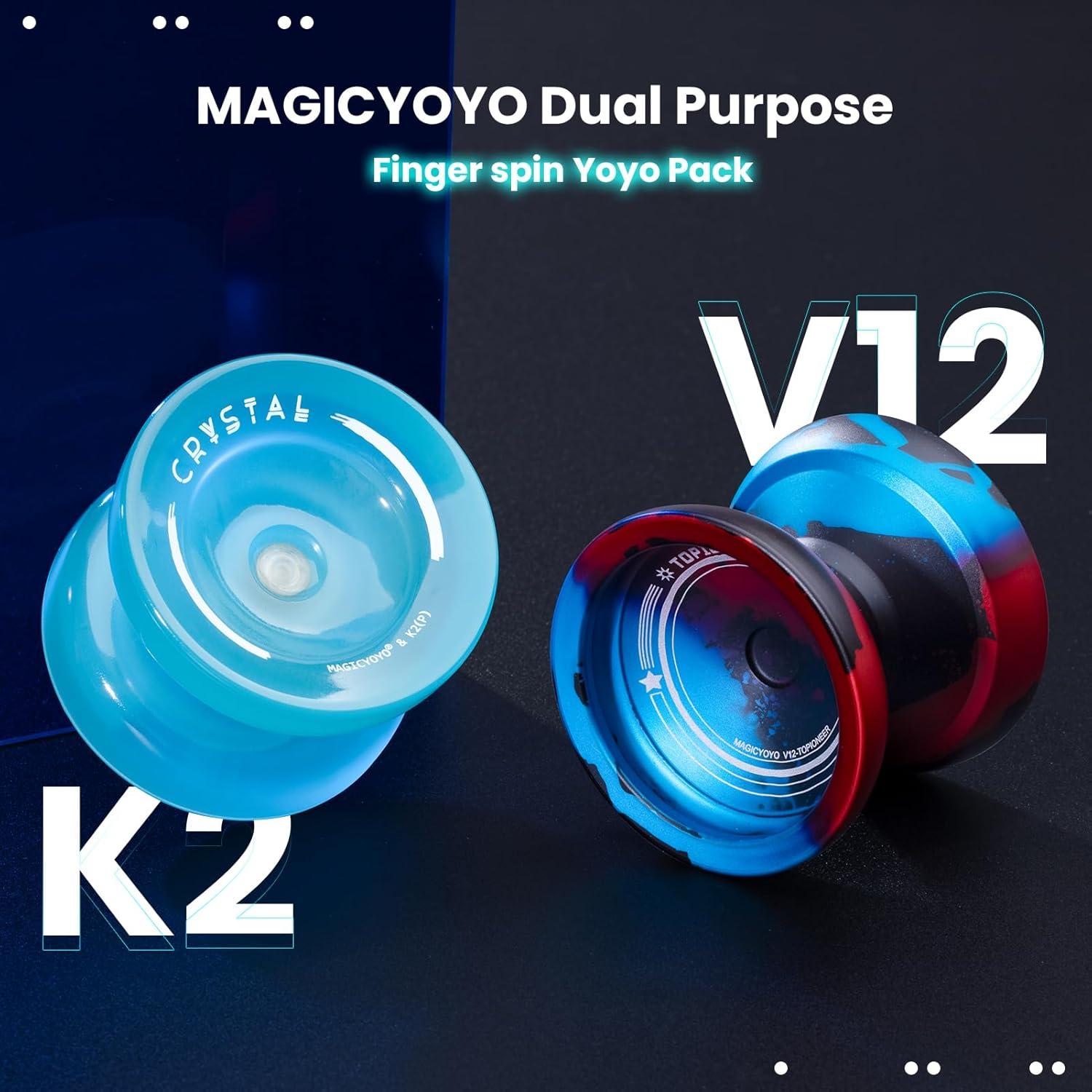 MAGICYOYO Finger Spin Pack: Metal V12 + Plastic K2 Yoyos, Responsive for Kids 8-12, Professional for Adults, Dual Function With Concave Bearing Kit, 12 Strings