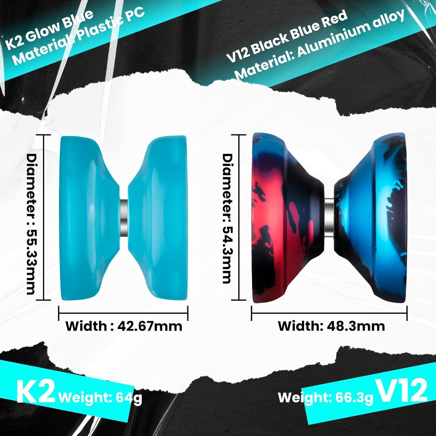 MAGICYOYO Finger Spin Pack: Metal V12 + Plastic K2 Yoyos, Responsive for Kids 8-12, Professional for Adults, Dual Function With Concave Bearing Kit, 12 Strings