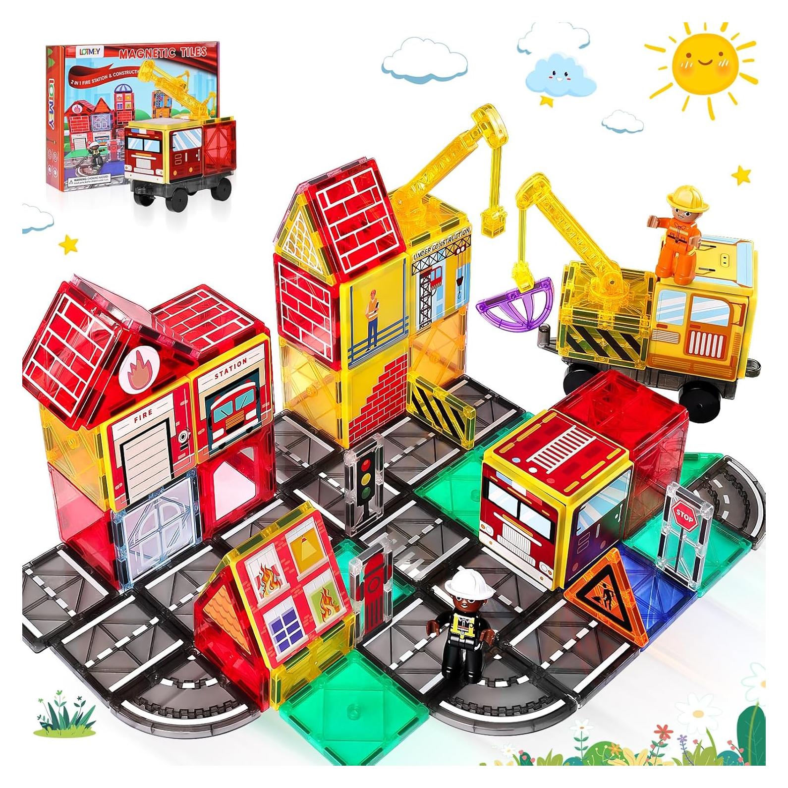 Juego de Piezas Magnéticas Lotmey 2 en 1 - Carretera y Grúas