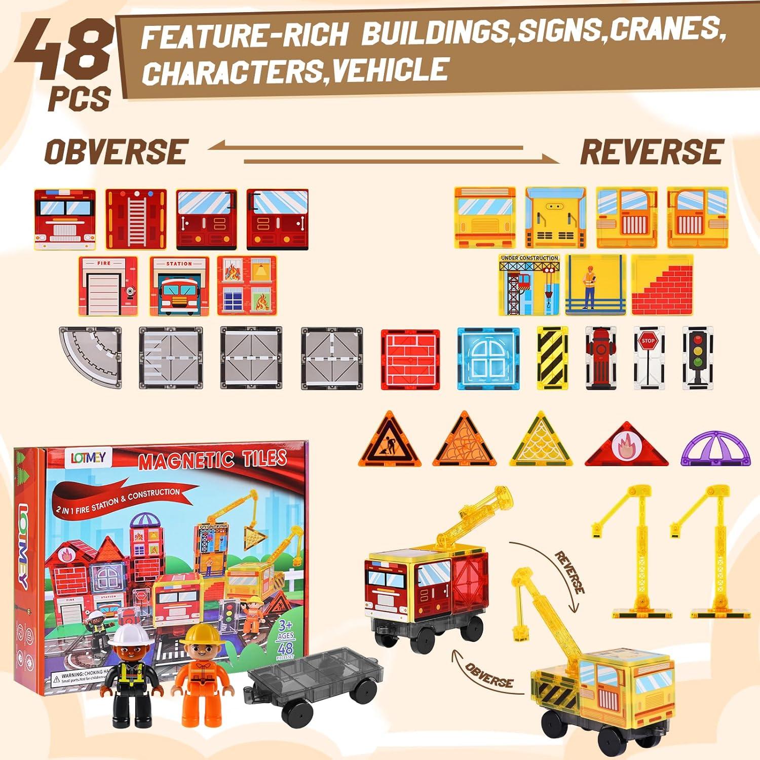 Juego de Piezas Magnéticas Lotmey 2 en 1 - Carretera y Grúas