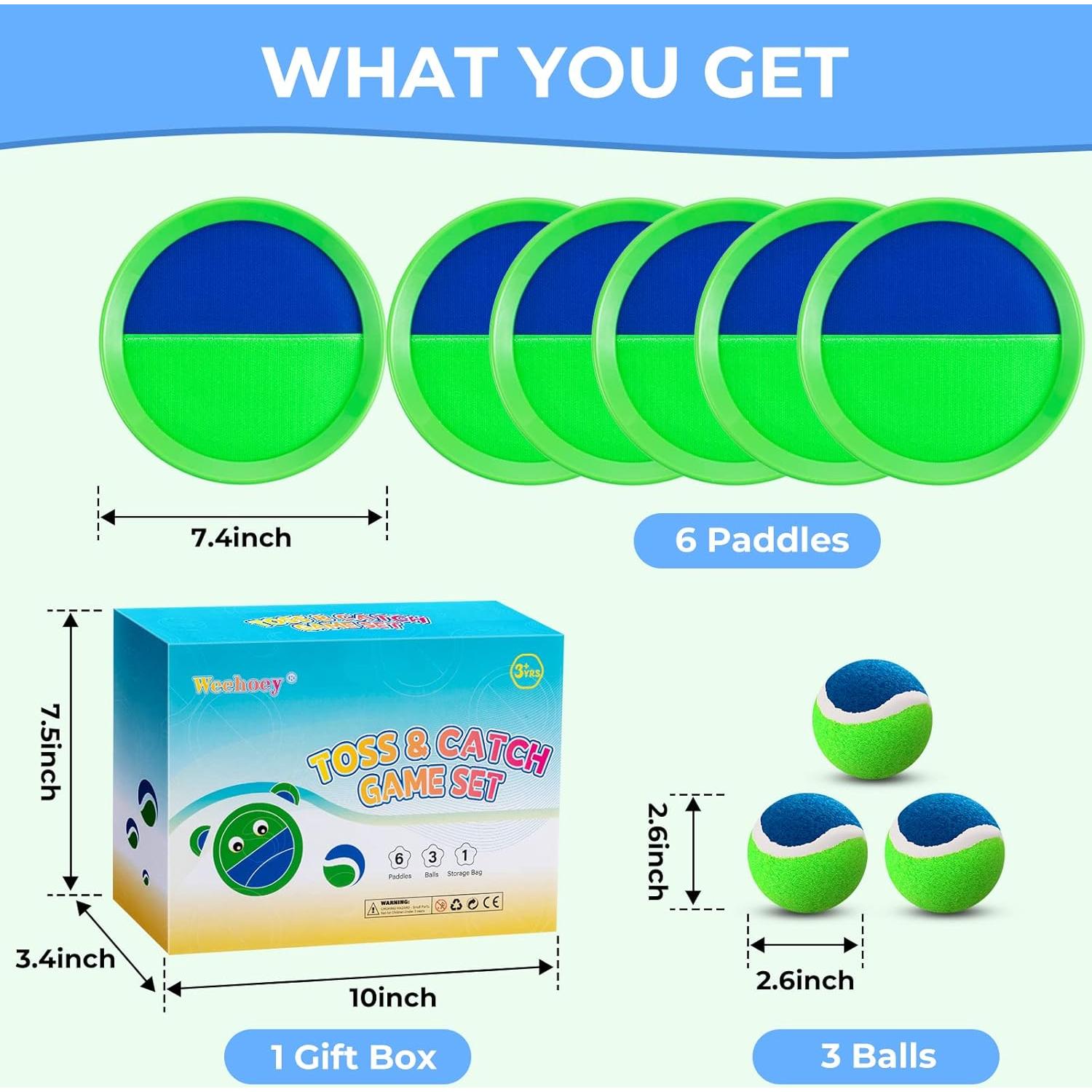 Set de Pelotas para Lanzar y Atrapar - Juguetes de Playa Verde - 6 Palas y 3 Pelotas