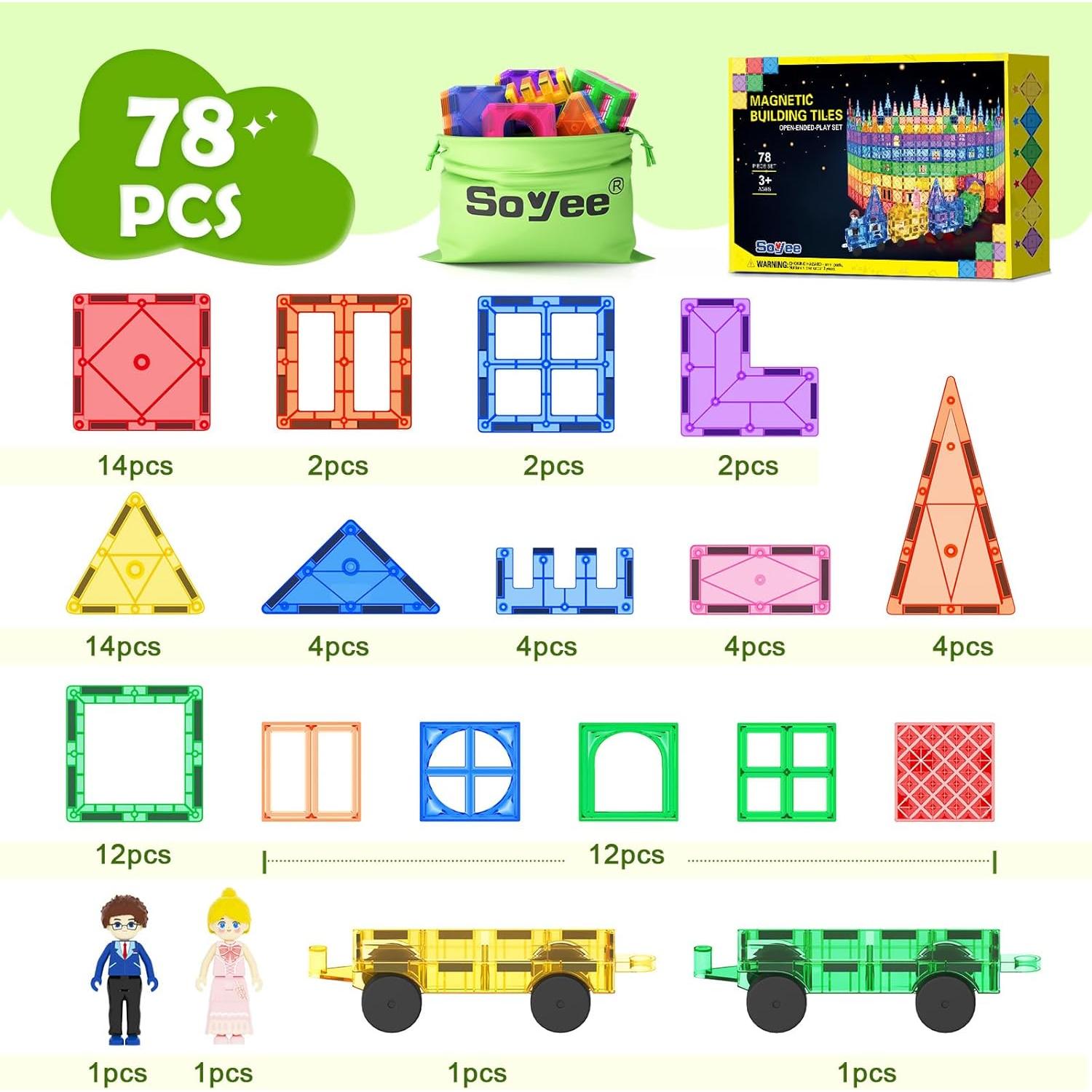 Azulejos Magnéticos Soyee 78PCS con Coches para Niños 3+