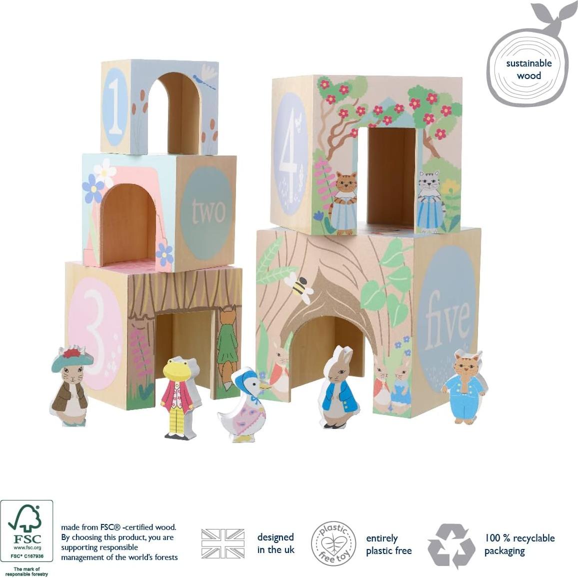 Cubos de Apilamiento de Madera Peter Rabbit - 5 Cubos y Figuras