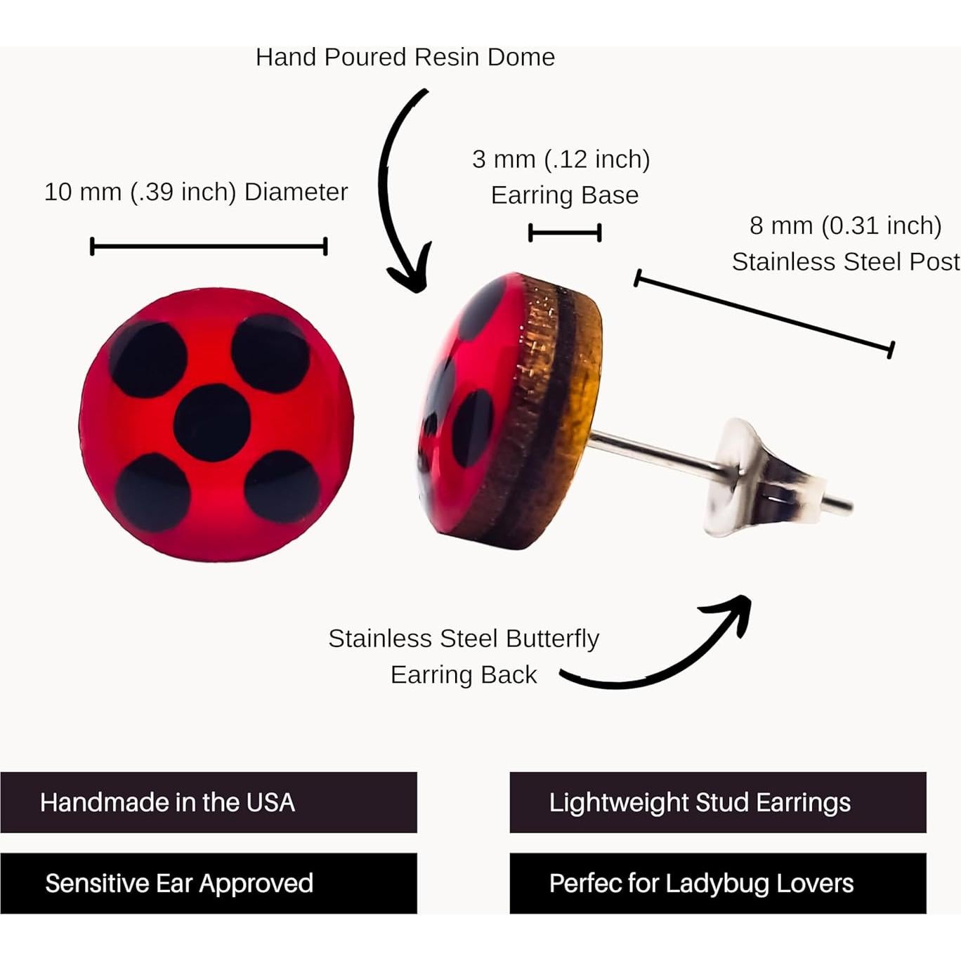 Pendientes de Stud Hechos a Mano Candi Cove 10 mm Mariquita