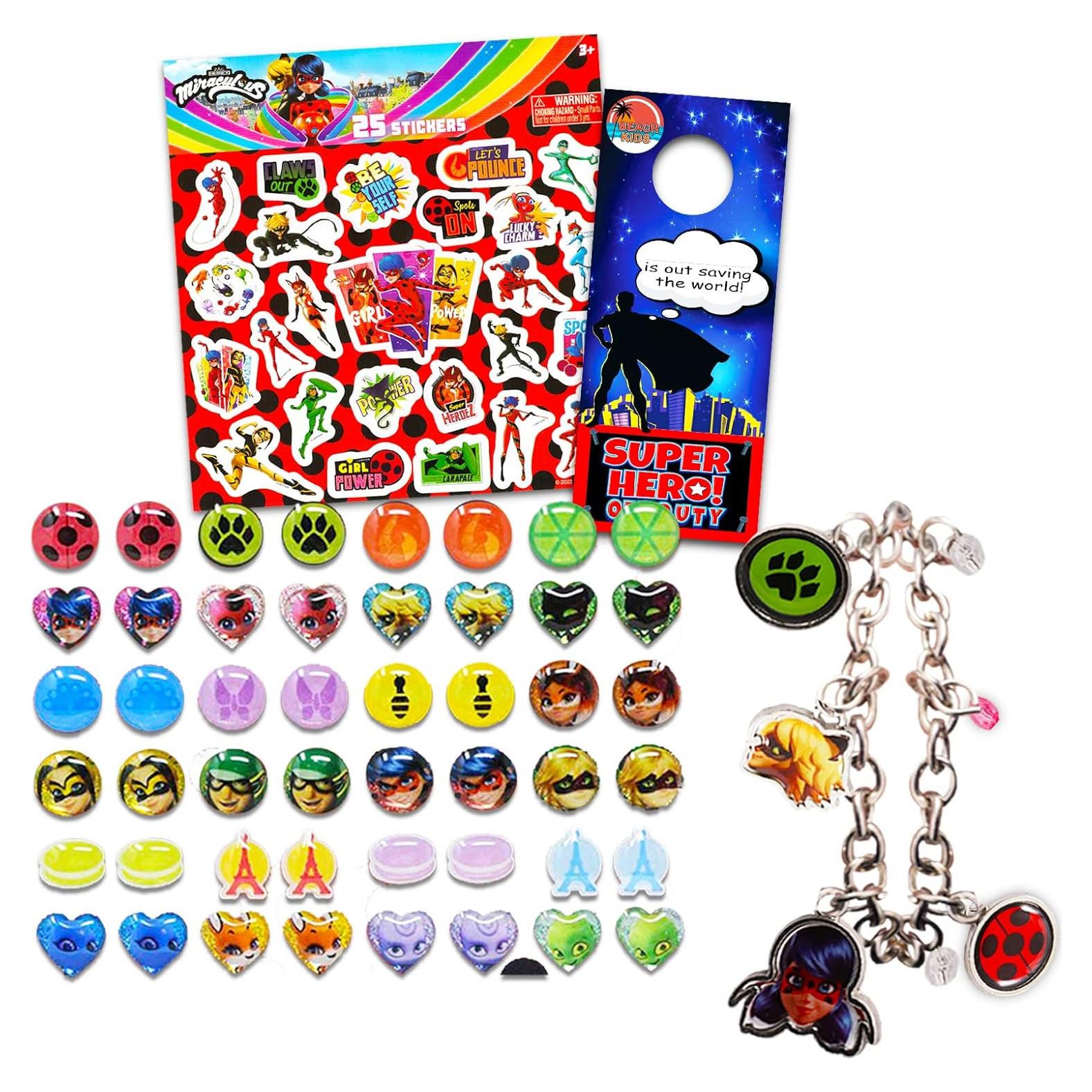 Conjunto de Joyería Miraculous Ladybug para Niñas - Pulsera, Aretes y Stickers