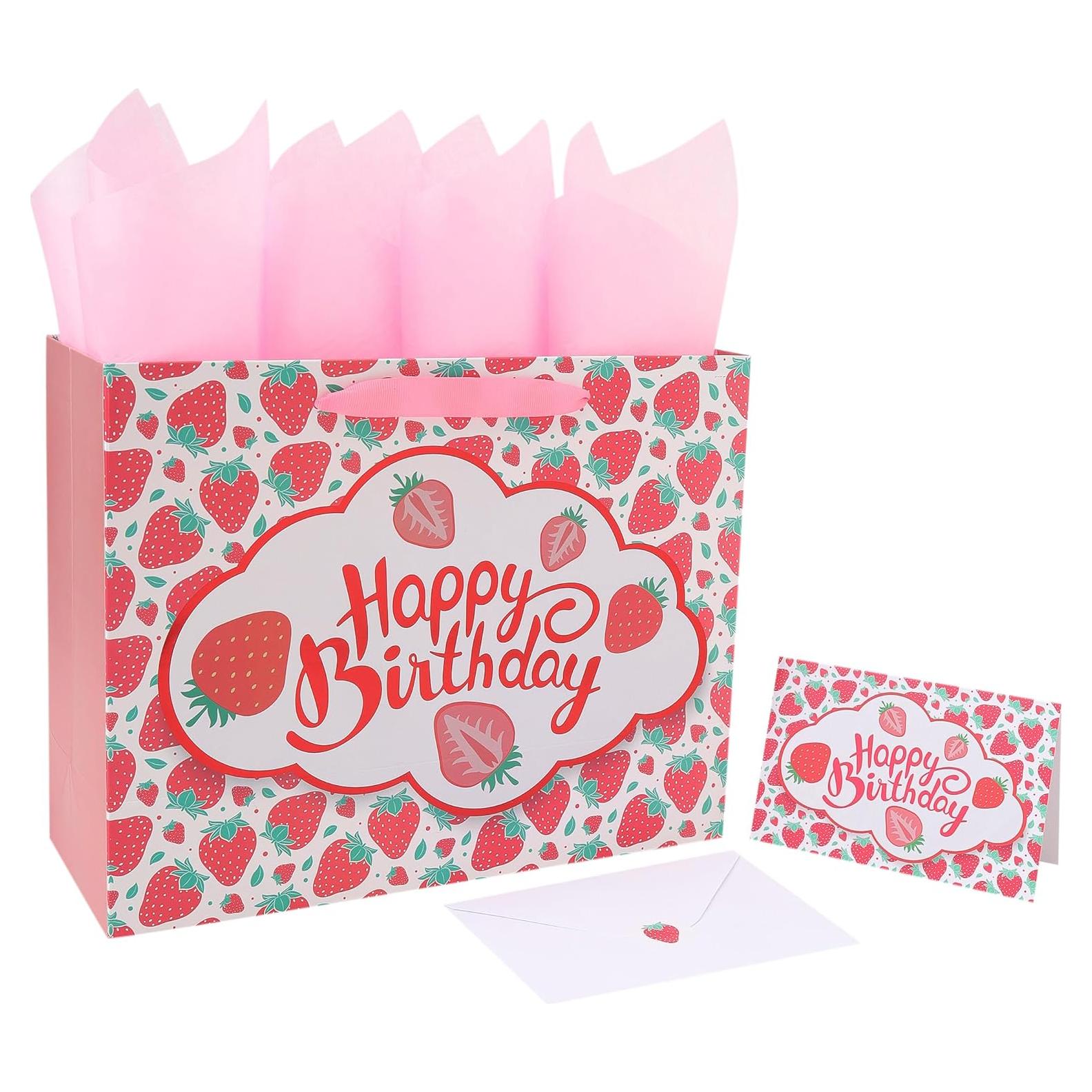 Bolsa de Regalo Grande Fresa Cumpleaños 33x25.9 cm con Tarjeta