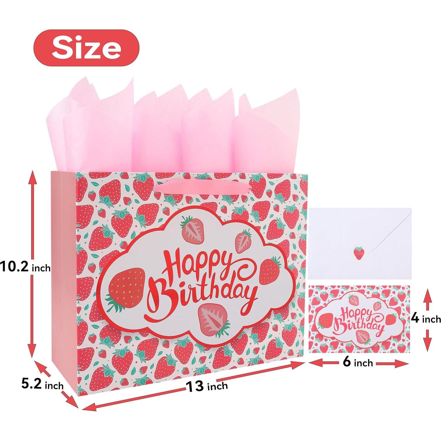 Bolsa de Regalo Grande Fresa Cumpleaños 33x25.9 cm con Tarjeta