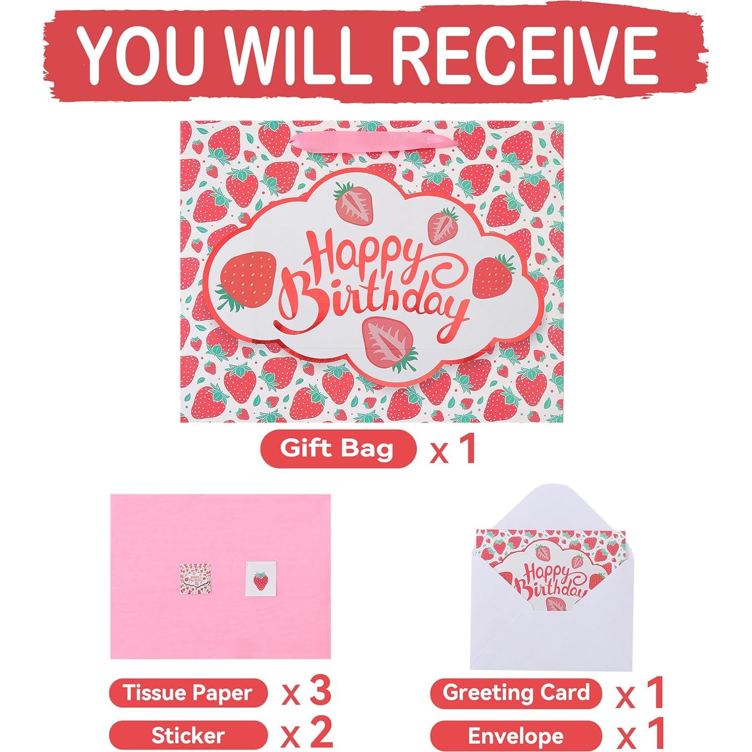 Bolsa de Regalo Grande Fresa Cumpleaños 33x25.9 cm con Tarjeta