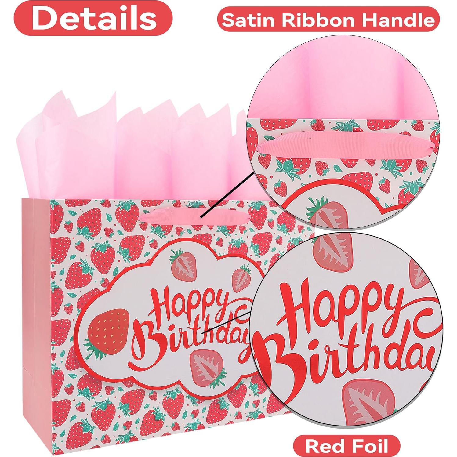 Bolsa de Regalo Grande Fresa Cumpleaños 33x25.9 cm con Tarjeta