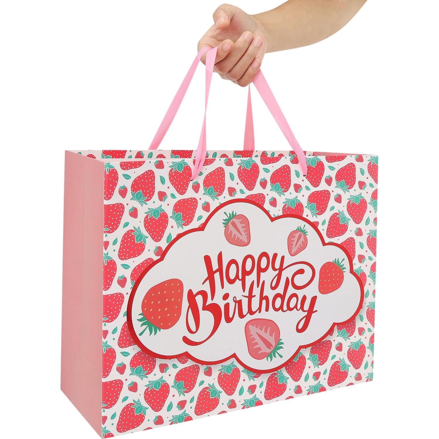 Bolsa de Regalo Grande Fresa Cumpleaños 33x25.9 cm con Tarjeta