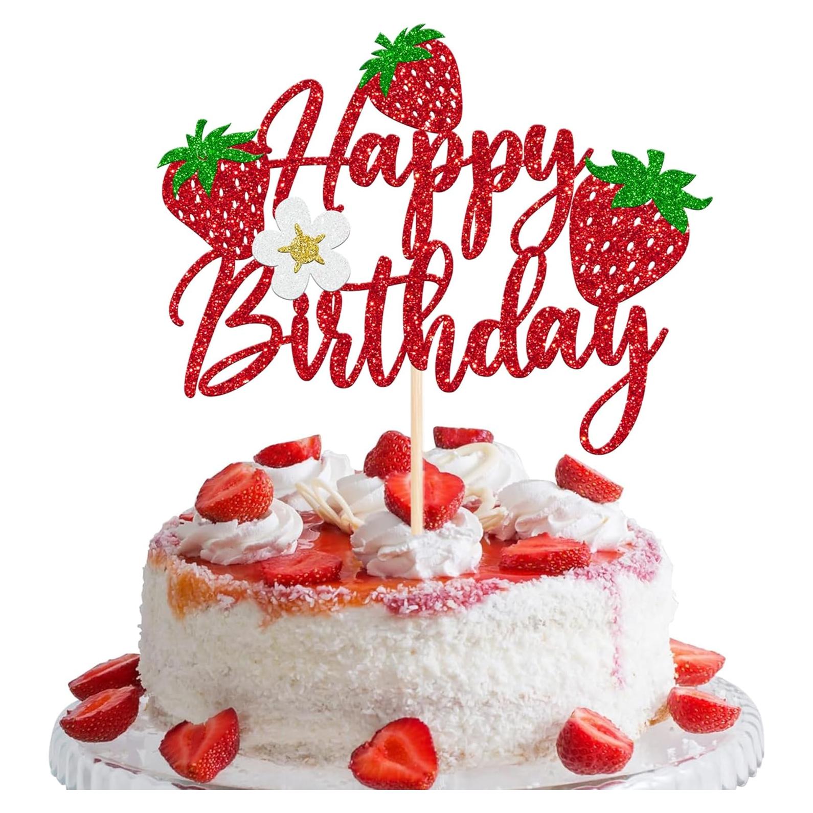 Rsstarxi 1 Pack Strawberry Happy Birthday Cake Topper Glitter Strawberry Party Decorations Berry Happy Birthday Cake Pick for Strawberry Baby Shower Kids Birthday Party Cake Decorations