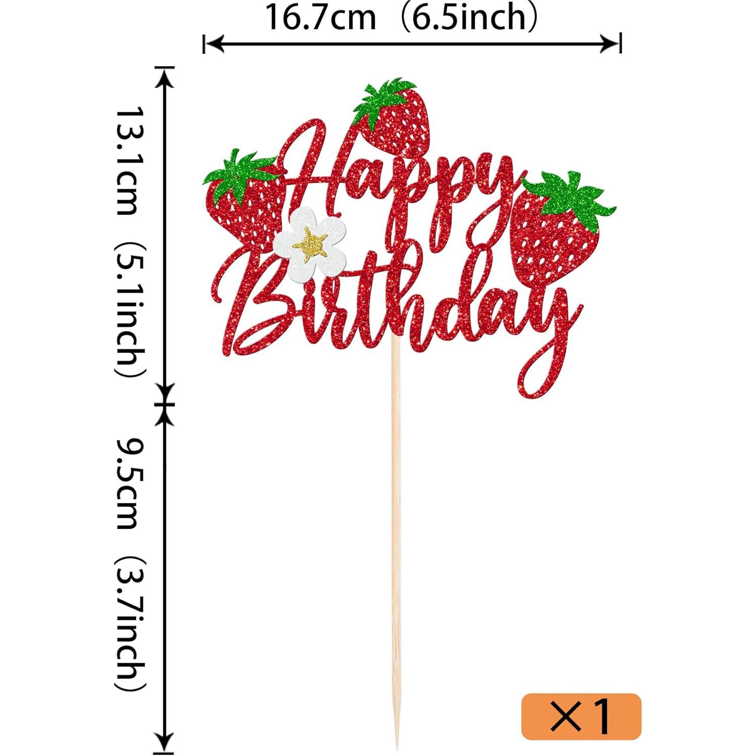 Rsstarxi 1 Pack Strawberry Happy Birthday Cake Topper Glitter Strawberry Party Decorations Berry Happy Birthday Cake Pick for Strawberry Baby Shower Kids Birthday Party Cake Decorations