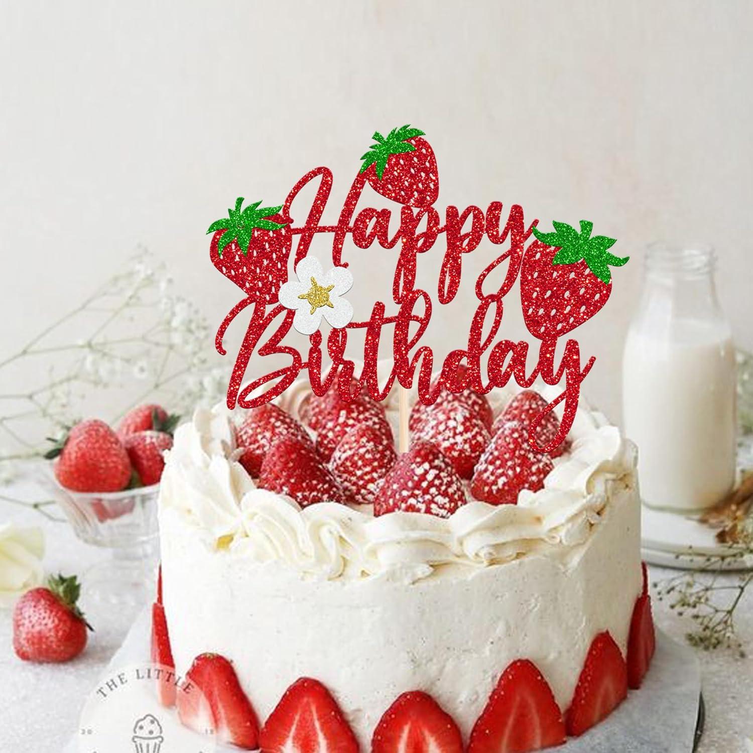 Rsstarxi 1 Pack Strawberry Happy Birthday Cake Topper Glitter Strawberry Party Decorations Berry Happy Birthday Cake Pick for Strawberry Baby Shower Kids Birthday Party Cake Decorations
