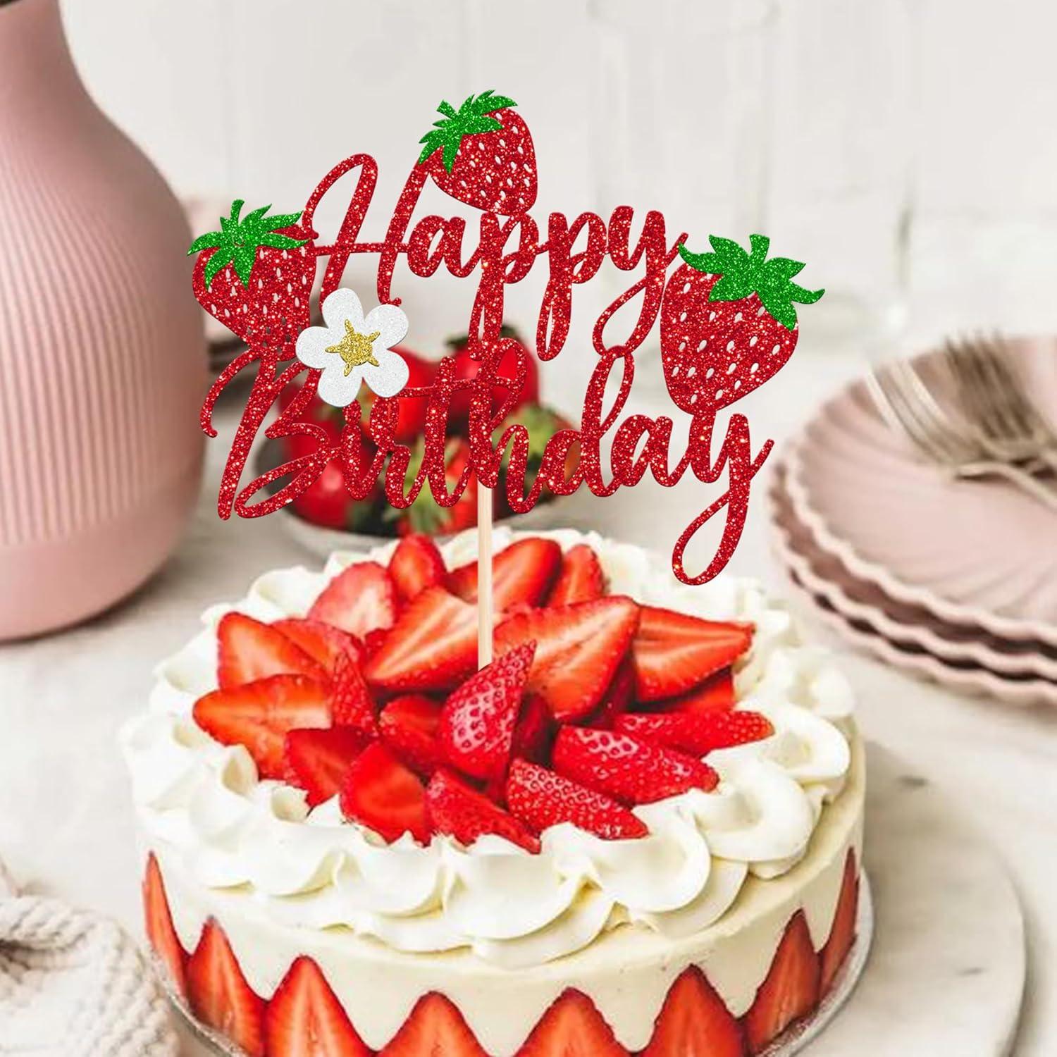 Rsstarxi 1 Pack Strawberry Happy Birthday Cake Topper Glitter Strawberry Party Decorations Berry Happy Birthday Cake Pick for Strawberry Baby Shower Kids Birthday Party Cake Decorations