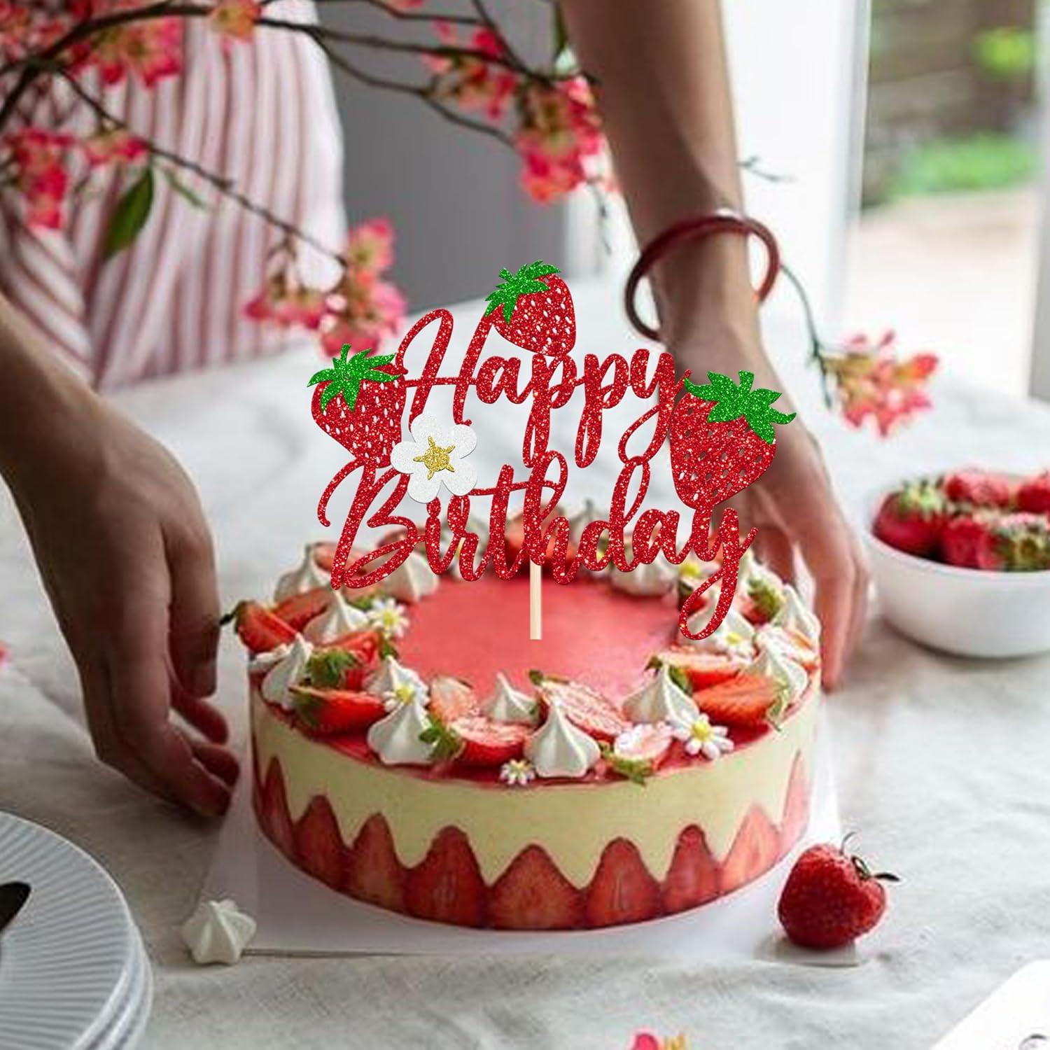 Rsstarxi 1 Pack Strawberry Happy Birthday Cake Topper Glitter Strawberry Party Decorations Berry Happy Birthday Cake Pick for Strawberry Baby Shower Kids Birthday Party Cake Decorations